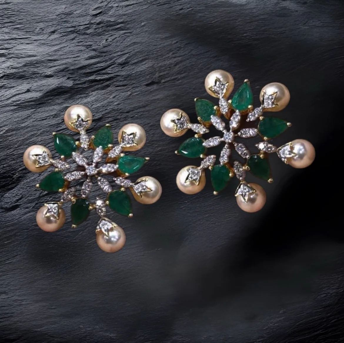 Emerald Studs - Diamond Studs - Cocktail Jewelry - 925 silver Jewelry , South Indian Jewelry,bridal choker,Indian Wedding Jewelry,pure Silver indian jewelry - SHABURIS