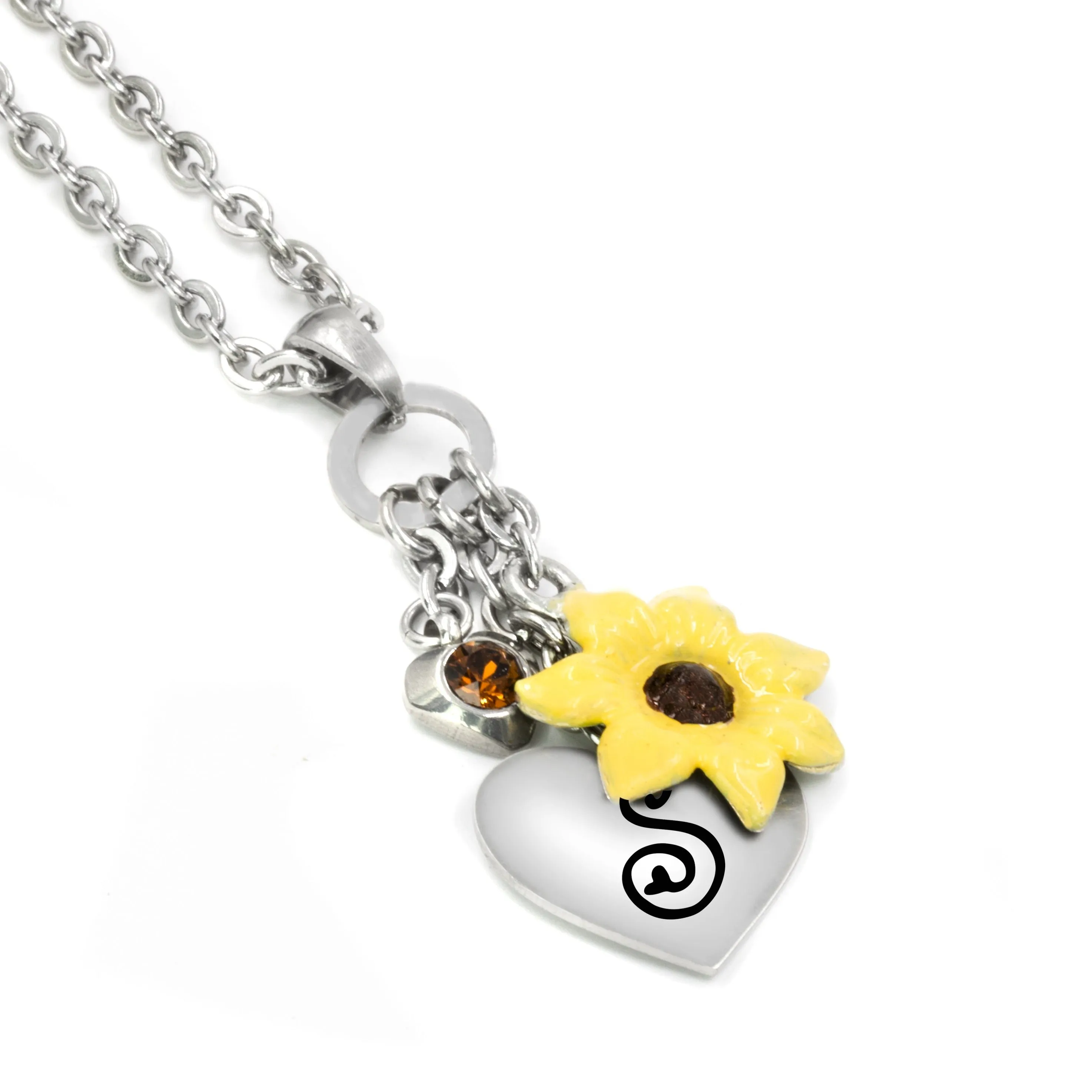 Engraved Sunflower Necklace with Personalized Initial