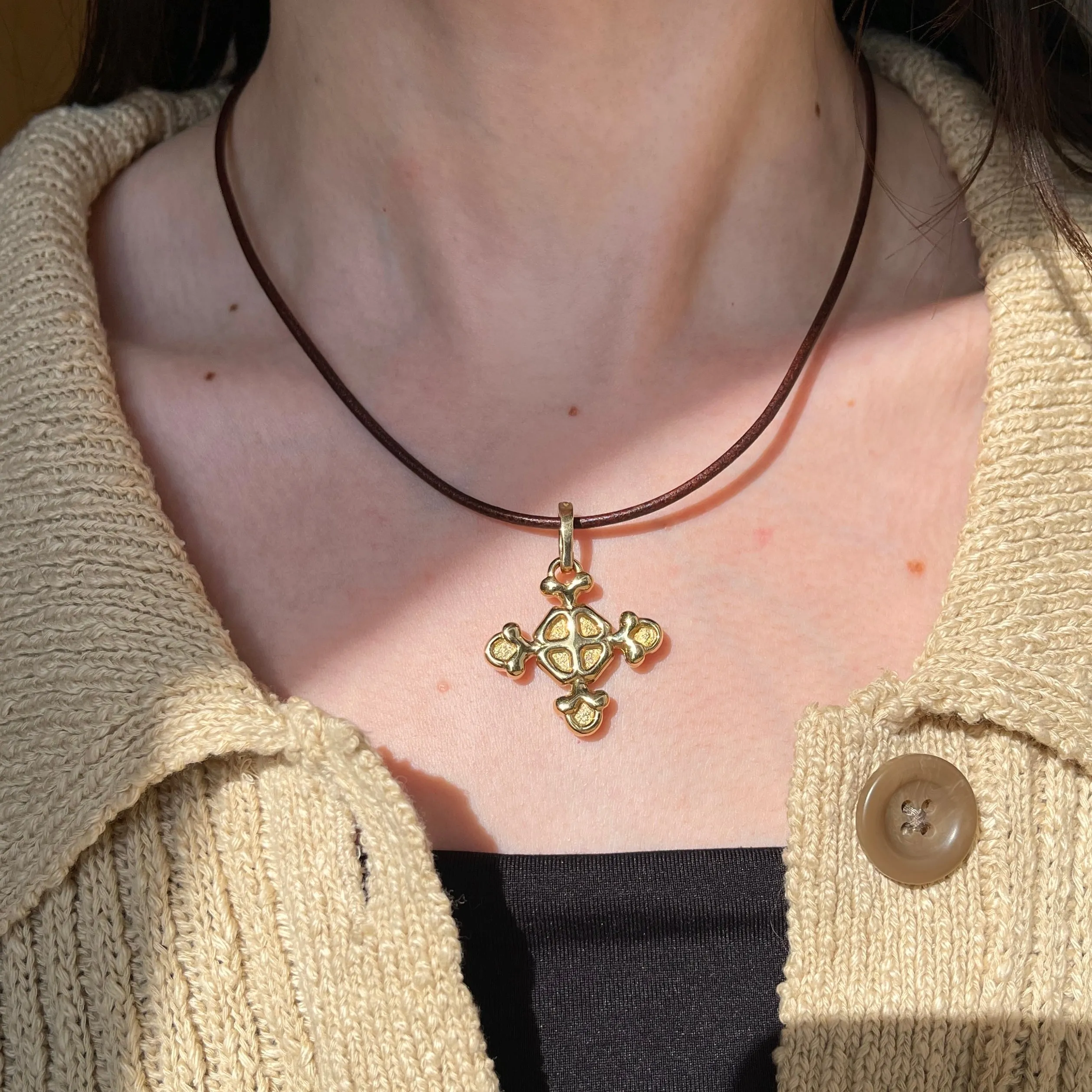 Estate 14KT Yellow Gold Byzantine Electroform Maltese Cross Pendant Leather Necklace