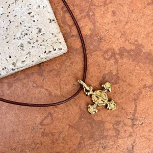 Estate 14KT Yellow Gold Byzantine Electroform Maltese Cross Pendant Leather Necklace