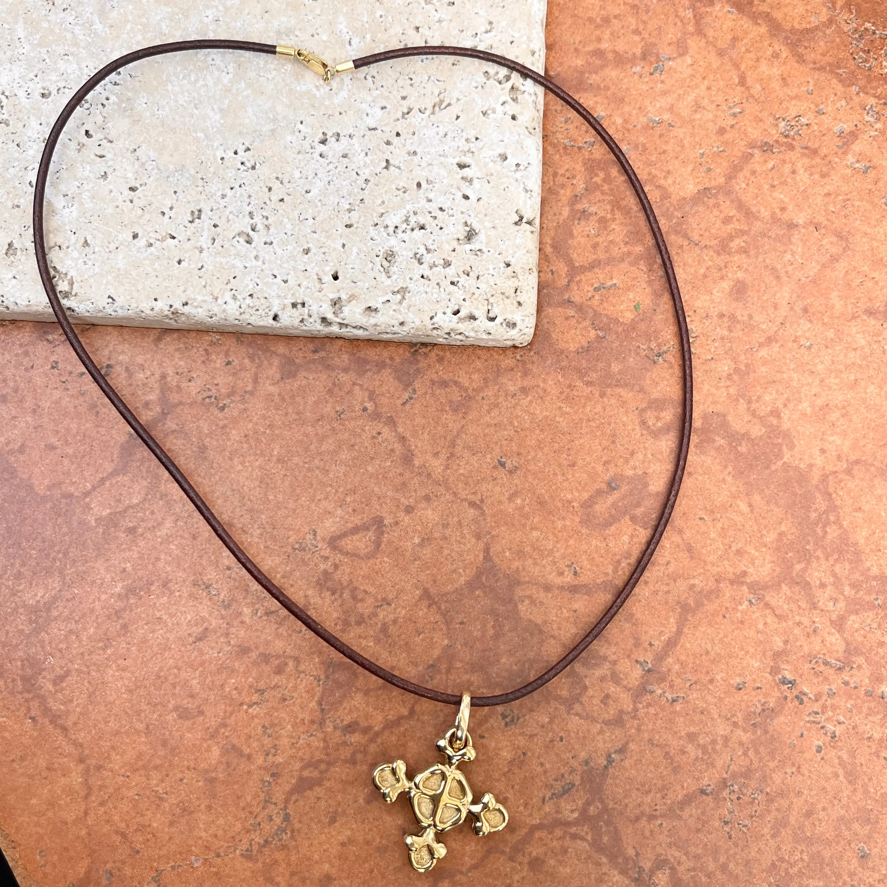 Estate 14KT Yellow Gold Byzantine Electroform Maltese Cross Pendant Leather Necklace