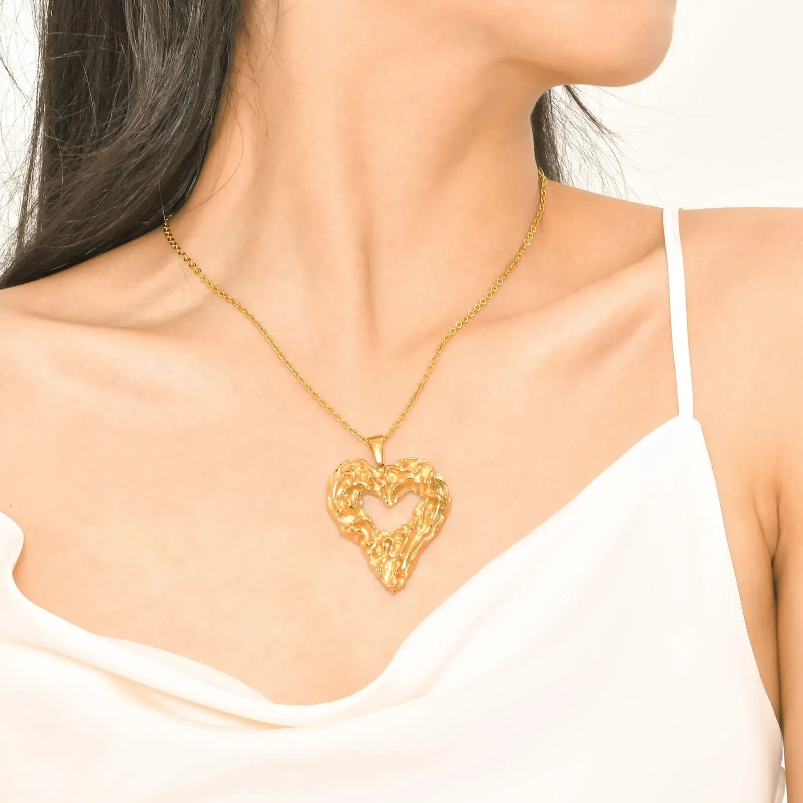 Exaggerated Oversize Heart Necklaces, Irregular Hammered Heart Pendant