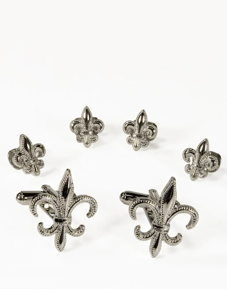 Fleur de Lis Silver Studs and Cufflinks Set