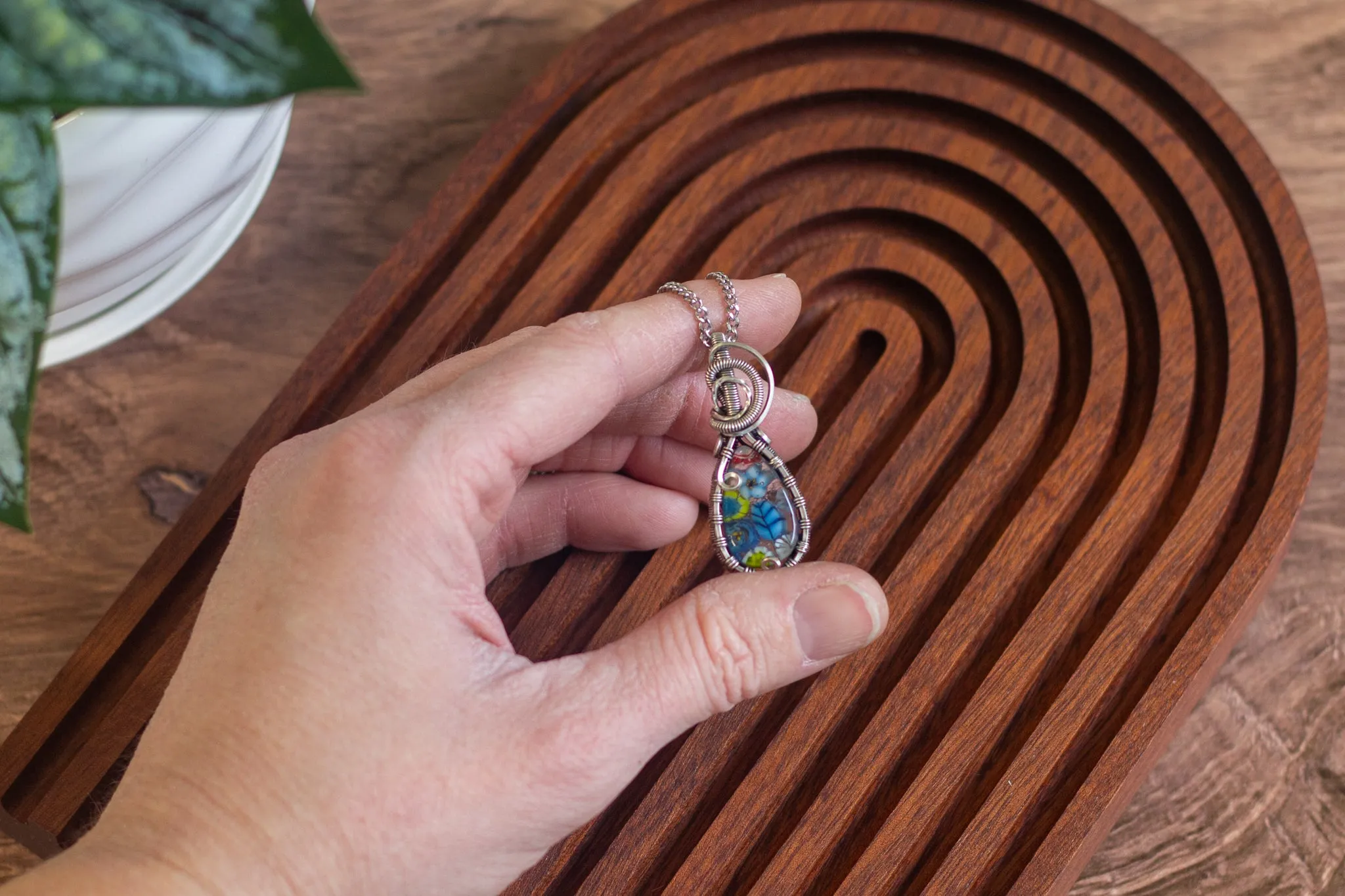 Floral Glass and Sterling Silver Teardrop Pendant