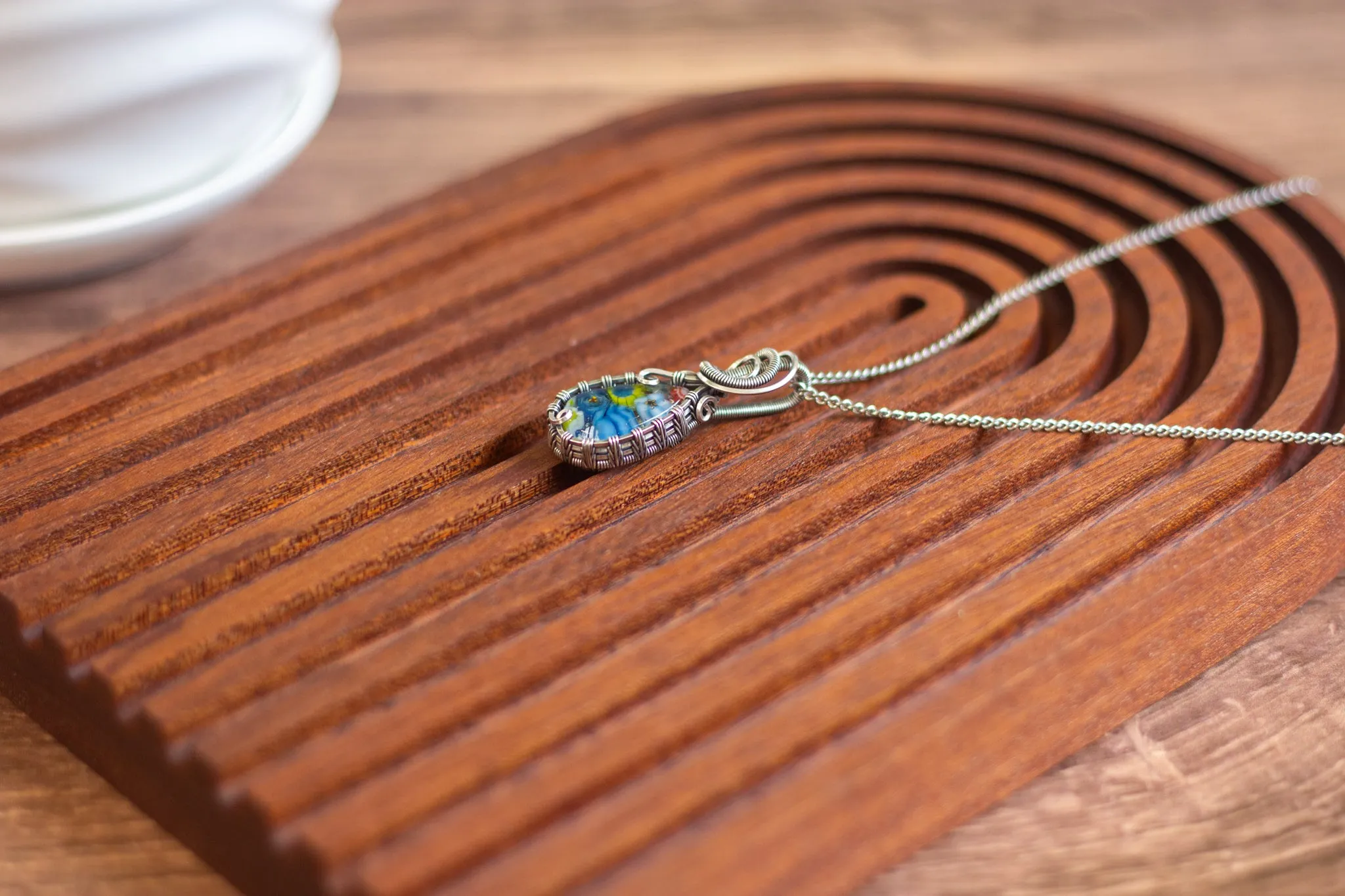 Floral Glass and Sterling Silver Teardrop Pendant