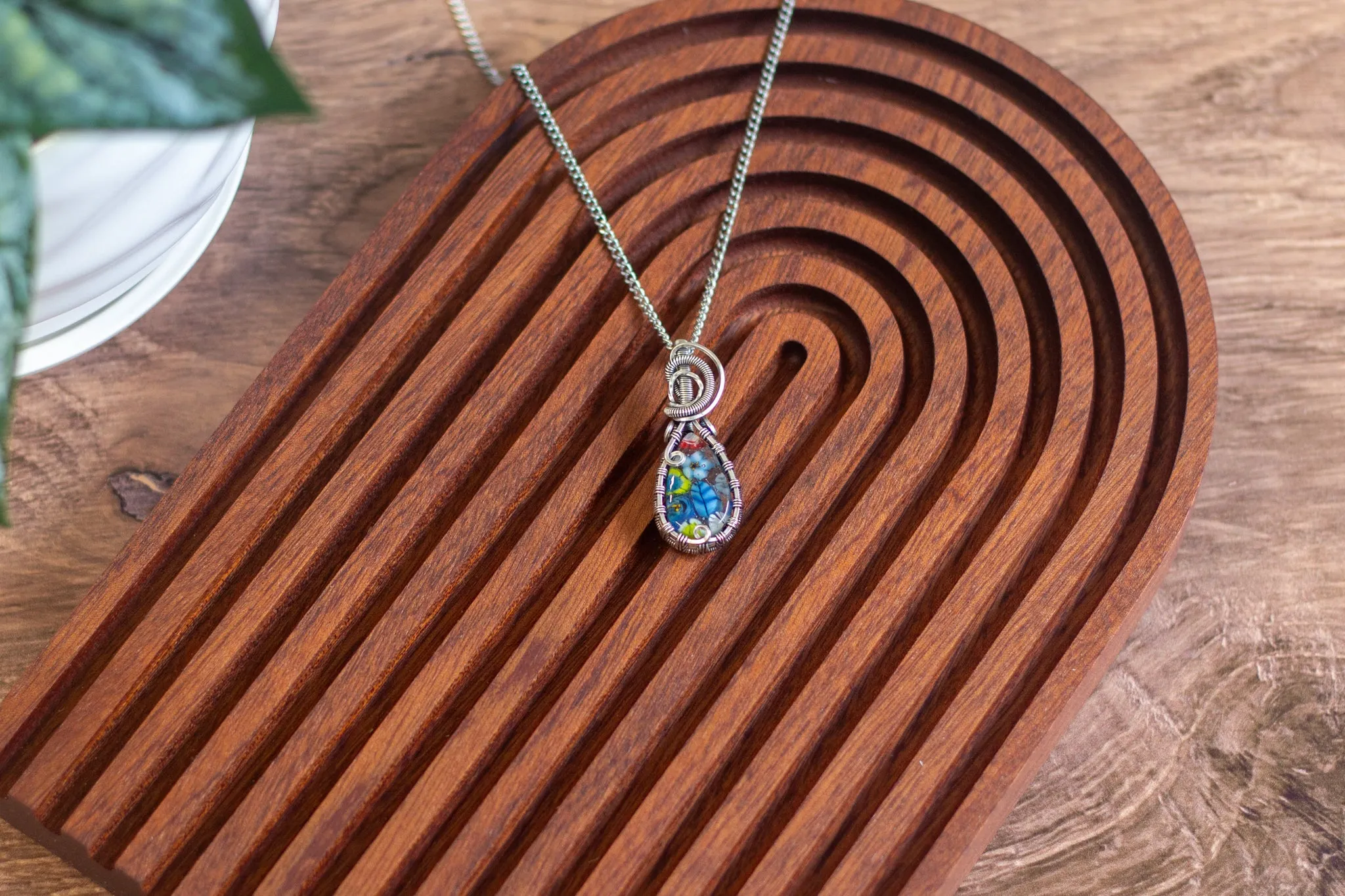 Floral Glass and Sterling Silver Teardrop Pendant