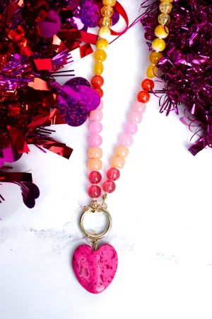 Fuchsia Heart Bead Goldtone Necklace