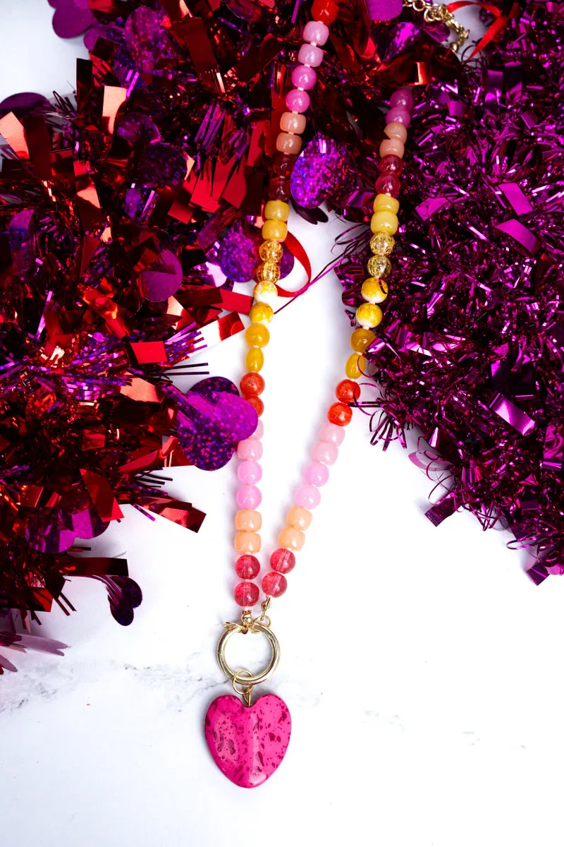 Fuchsia Heart Bead Goldtone Necklace