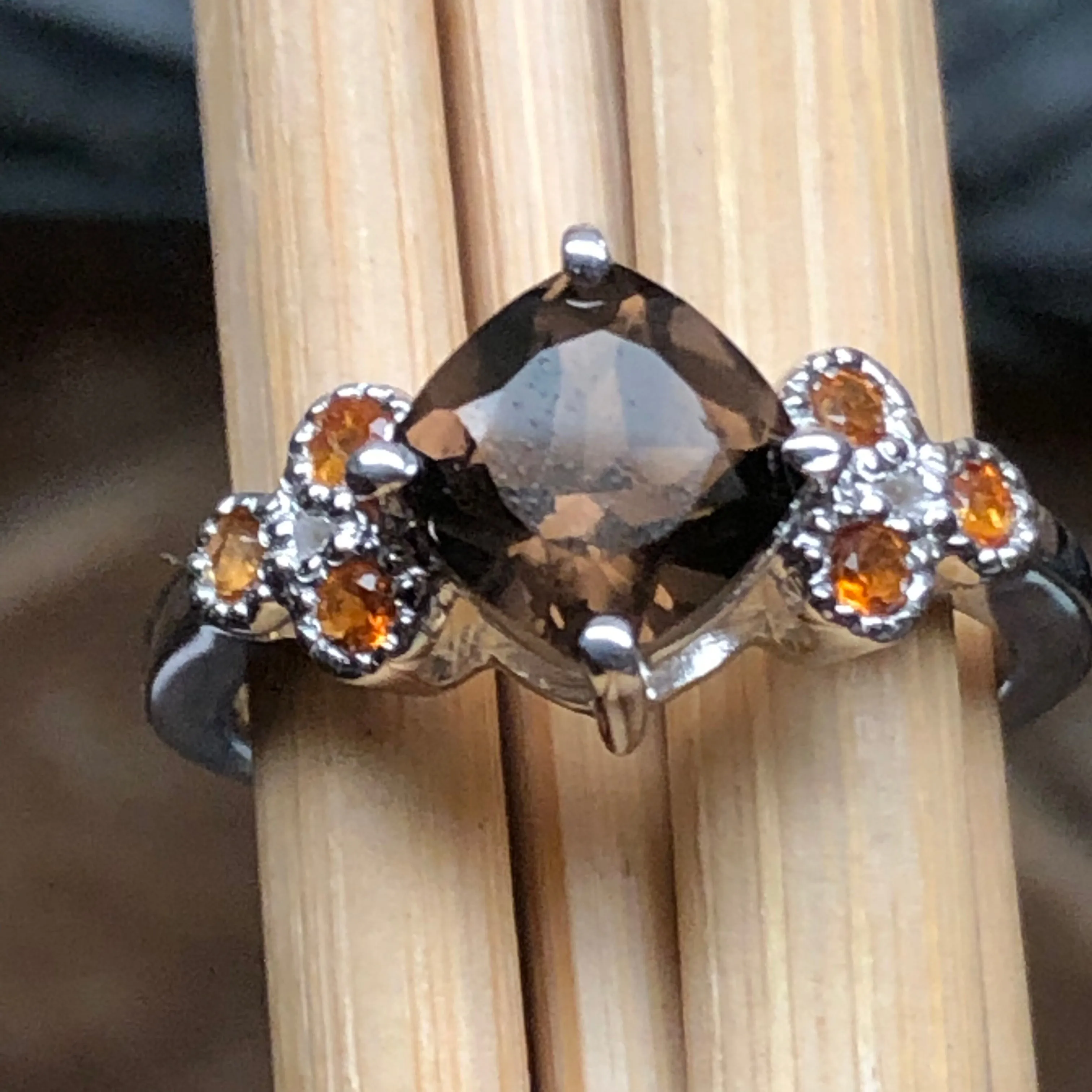 Genuine 1ct Smoky Topaz, Golden Citrine 925 Solid Sterling Silver Engagement Ring Size 6, 7, 8, 9