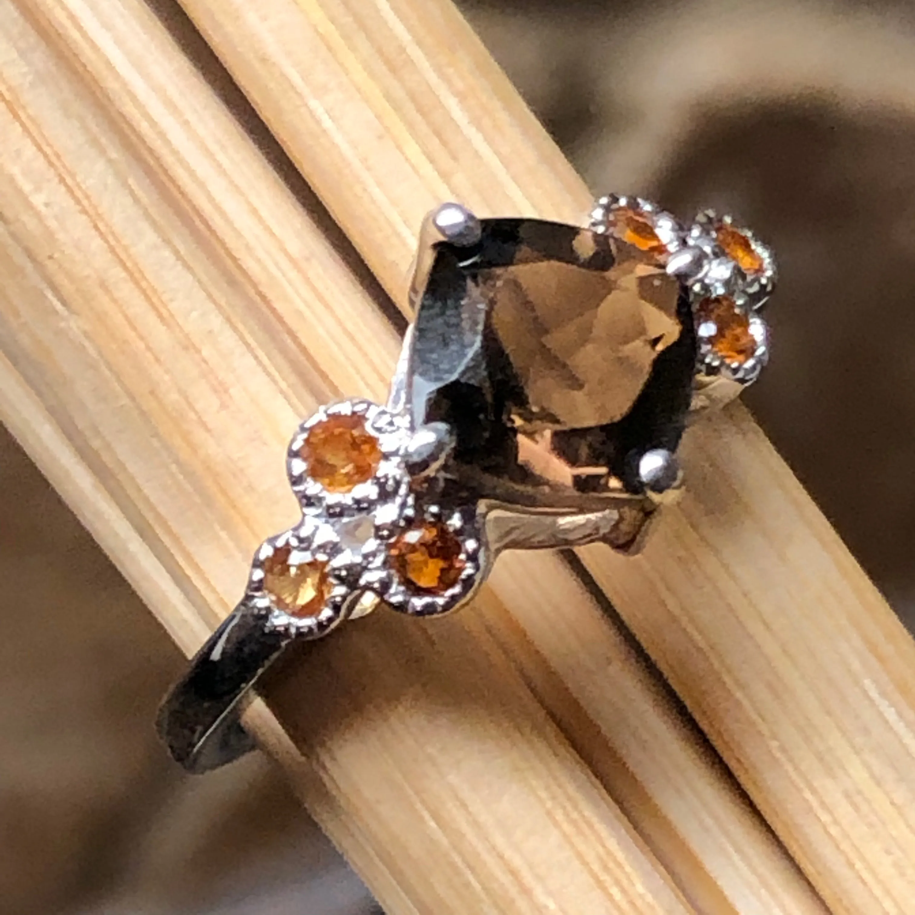 Genuine 1ct Smoky Topaz, Golden Citrine 925 Solid Sterling Silver Engagement Ring Size 6, 7, 8, 9