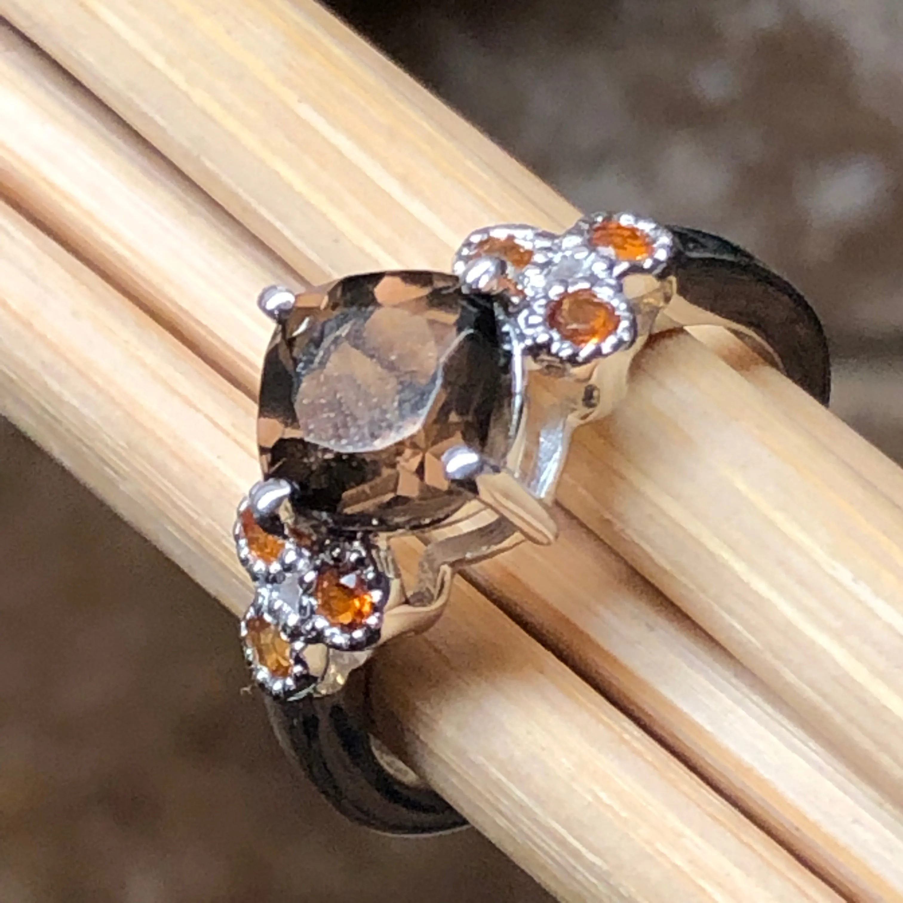 Genuine 1ct Smoky Topaz, Golden Citrine 925 Solid Sterling Silver Engagement Ring Size 6, 7, 8, 9