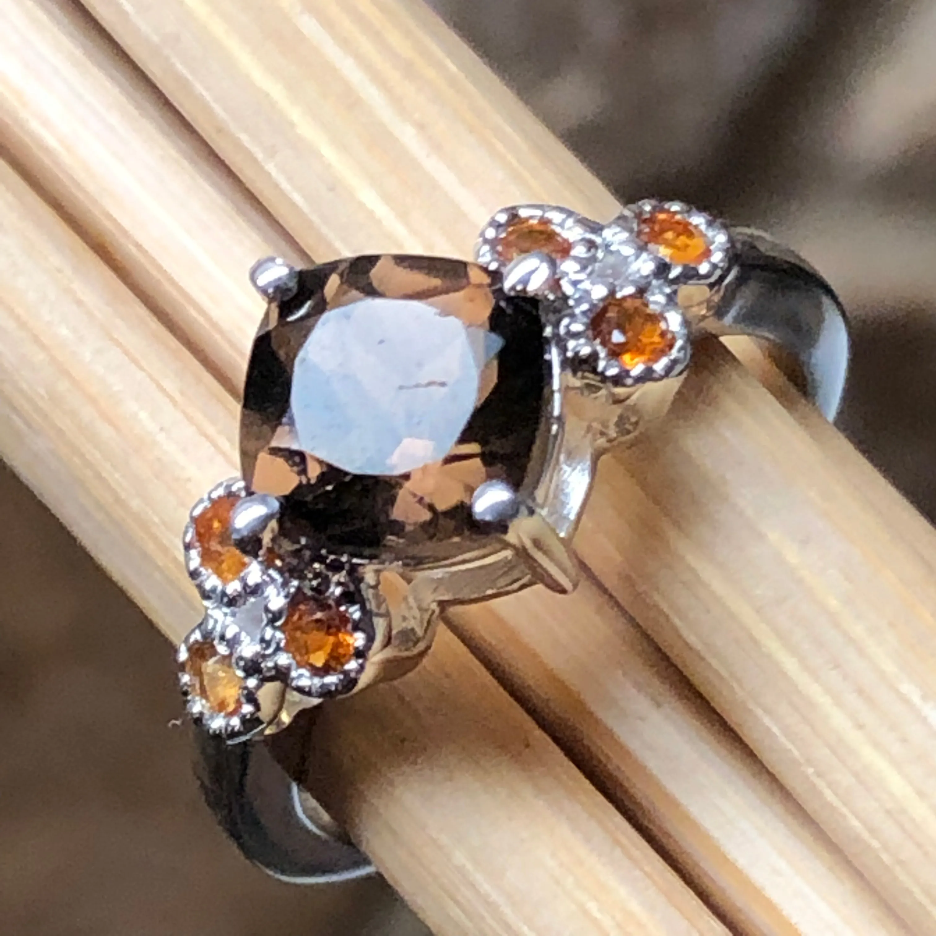 Genuine 1ct Smoky Topaz, Golden Citrine 925 Solid Sterling Silver Engagement Ring Size 6, 7, 8, 9