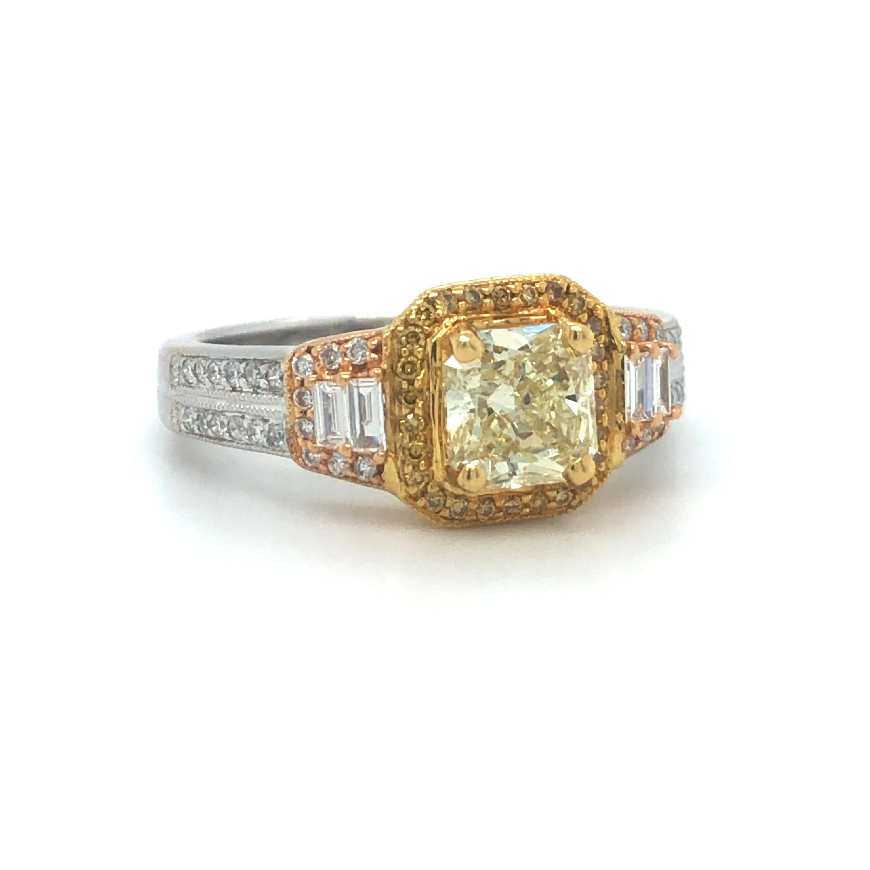 GIA Yellow Radiant Diamond Halo Engagement Ring 18k Tricolor Gold Sz 6.75