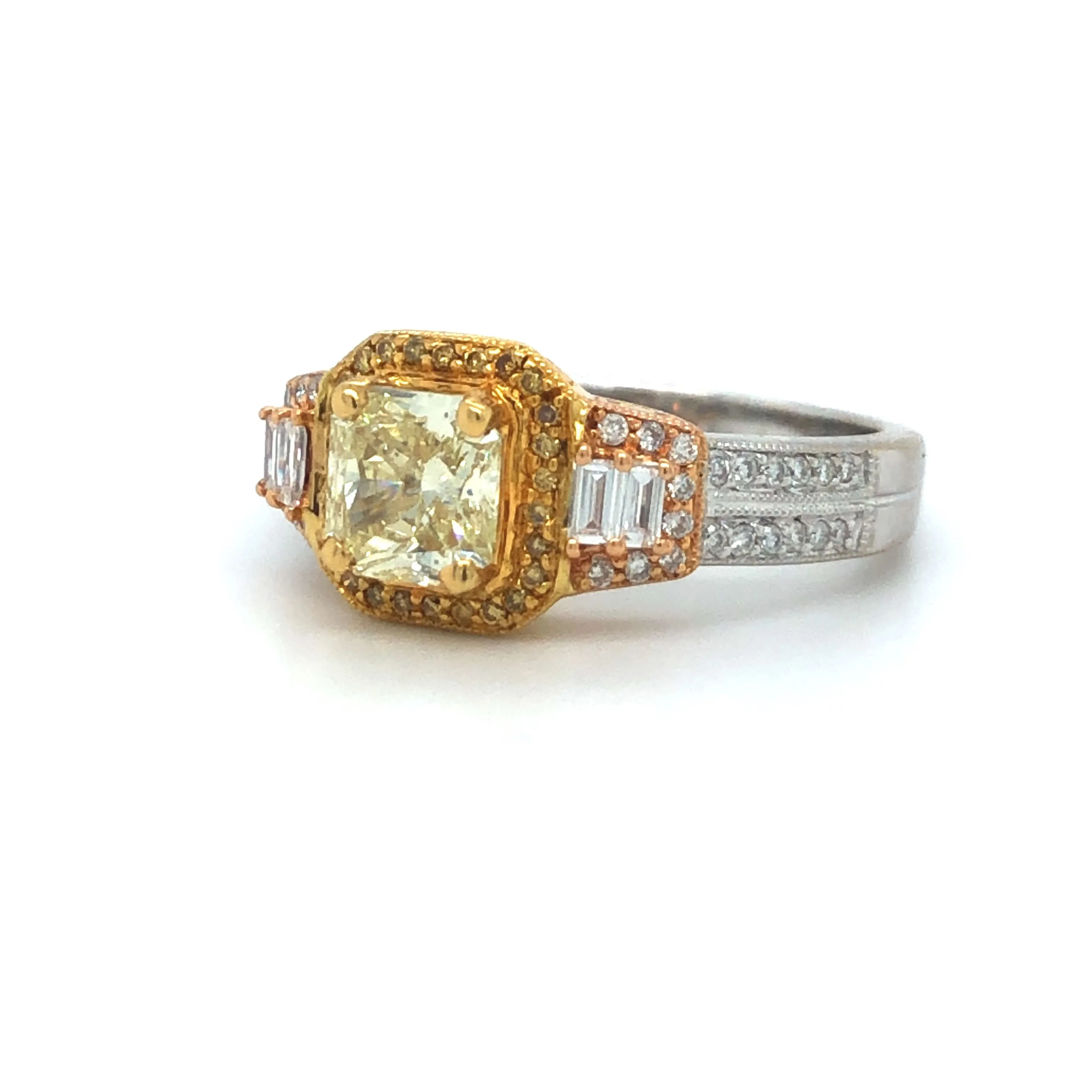 GIA Yellow Radiant Diamond Halo Engagement Ring 18k Tricolor Gold Sz 6.75