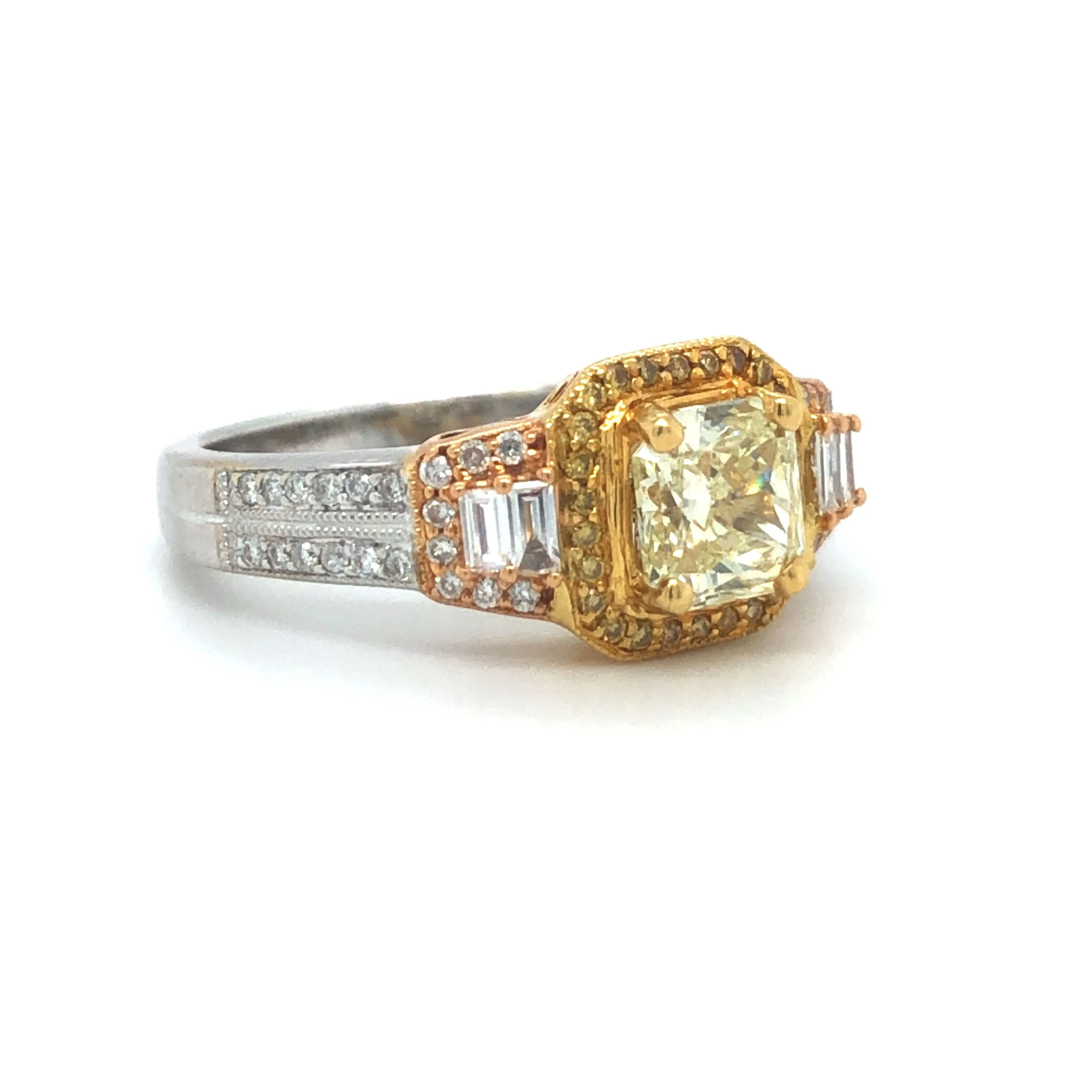 GIA Yellow Radiant Diamond Halo Engagement Ring 18k Tricolor Gold Sz 6.75