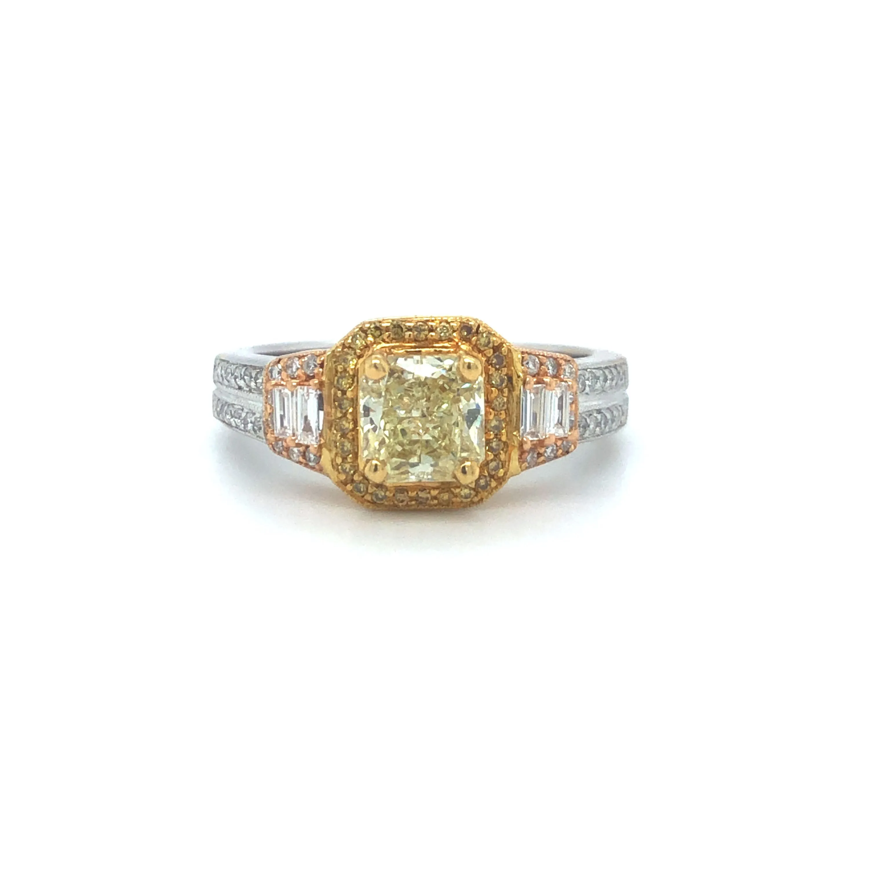 GIA Yellow Radiant Diamond Halo Engagement Ring 18k Tricolor Gold Sz 6.75