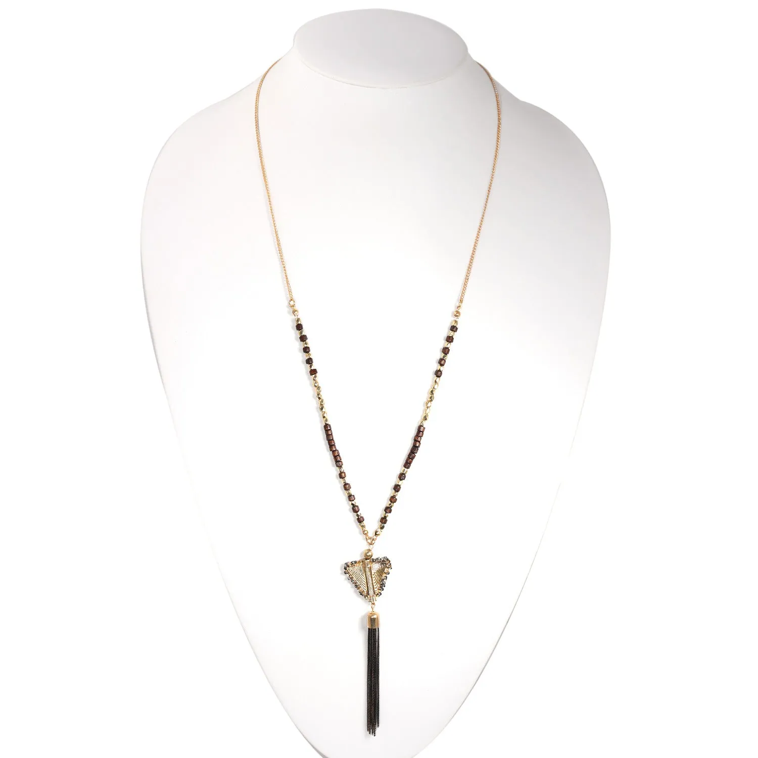 GOLD AND BROWN BEADS TASSEL NECKLACE #SWKK-3368GCAM (NC3)