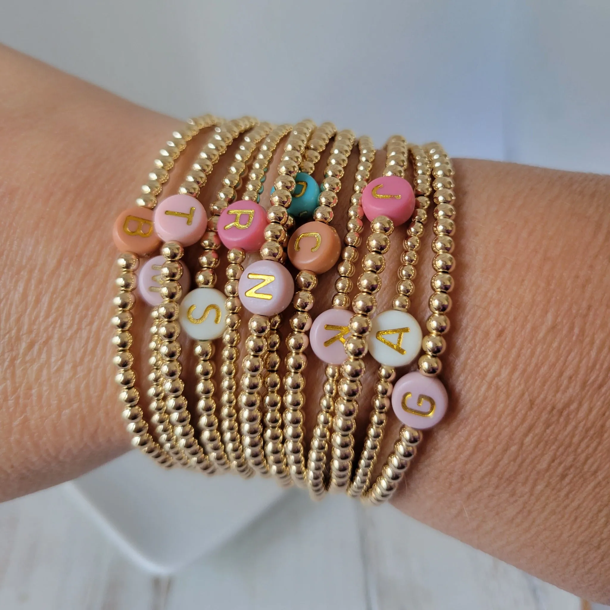 Gold Beaded Initial Layering Bracelet - 2.5mm or 3mm