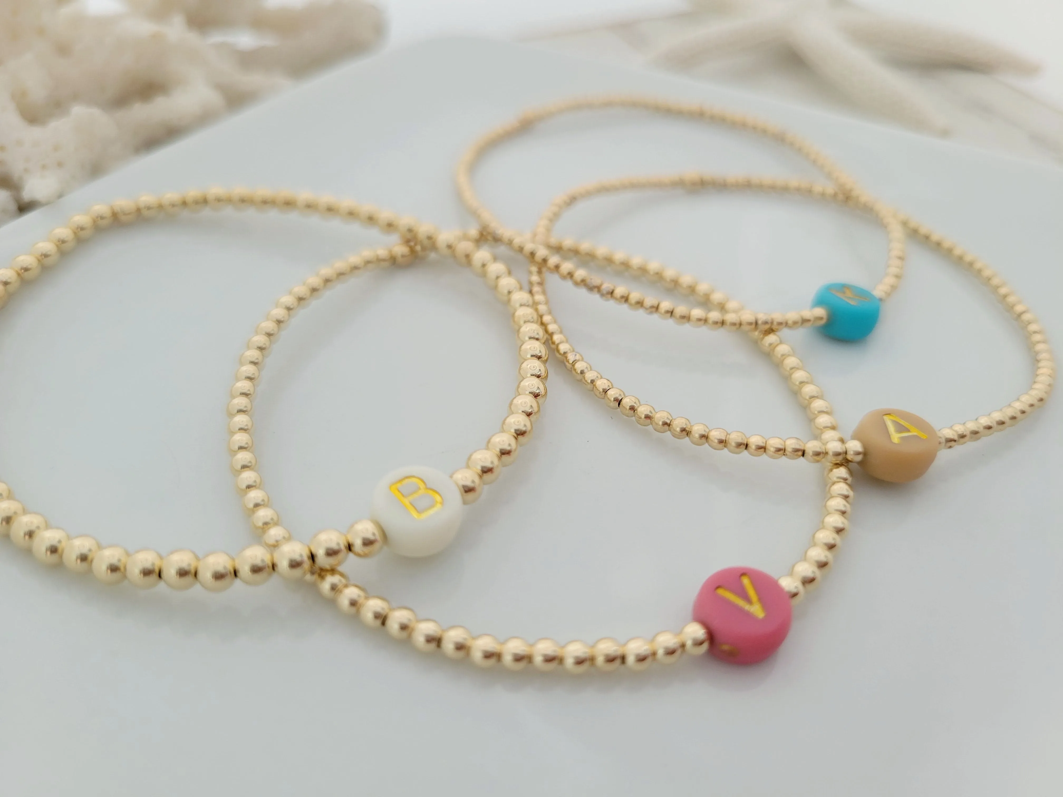 Gold Beaded Initial Layering Bracelet - 2.5mm or 3mm