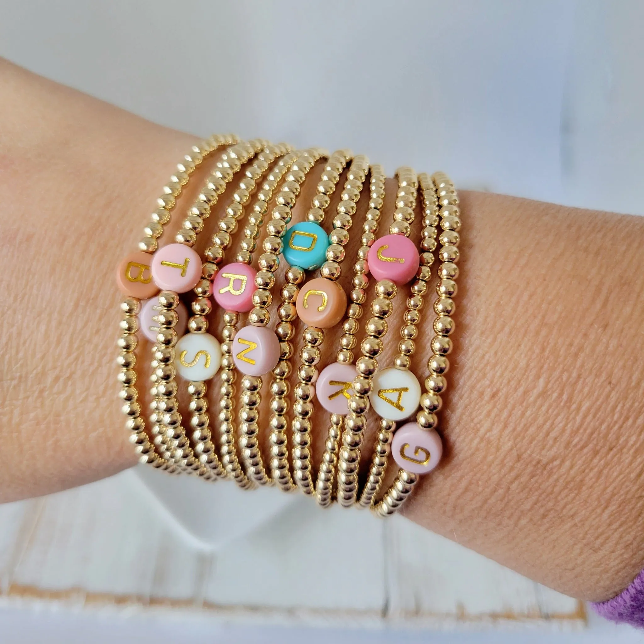Gold Beaded Initial Layering Bracelet - 2.5mm or 3mm
