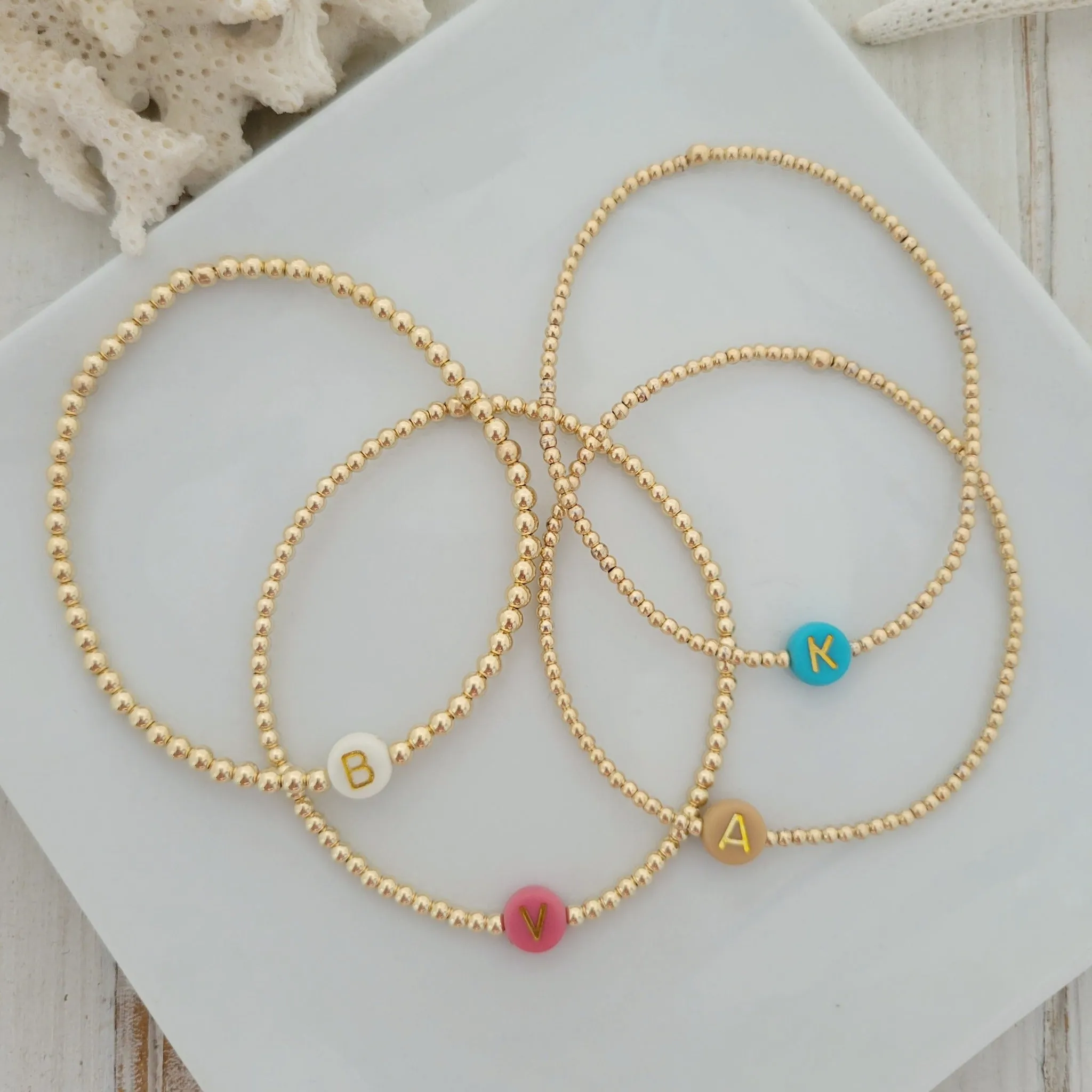 Gold Beaded Initial Layering Bracelet - 2.5mm or 3mm