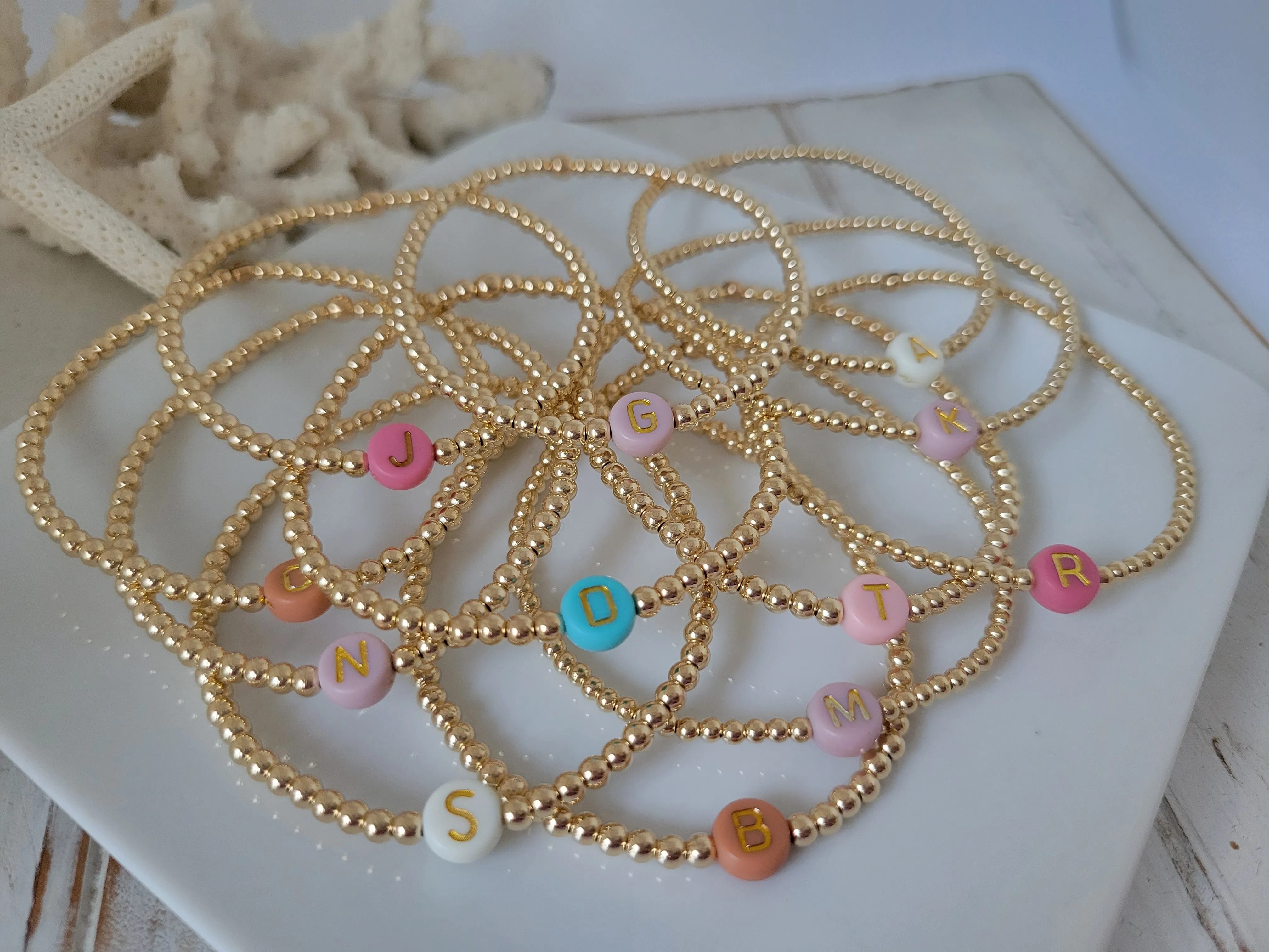 Gold Beaded Initial Layering Bracelet - 2.5mm or 3mm