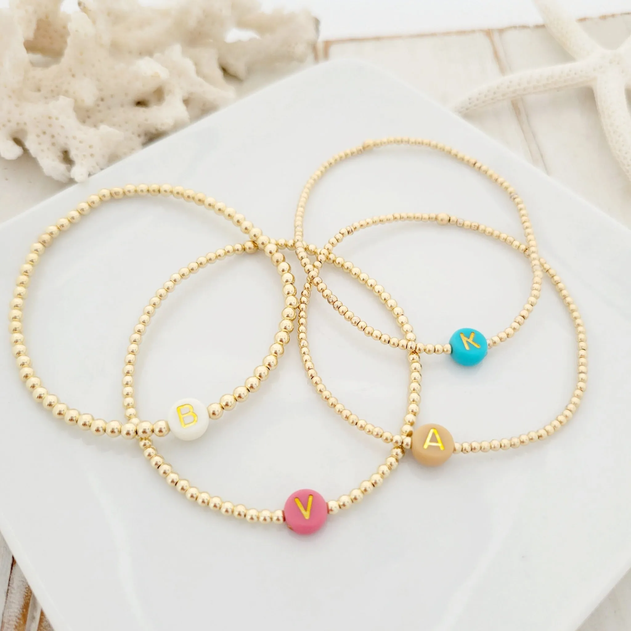 Gold Beaded Initial Layering Bracelet - 2.5mm or 3mm