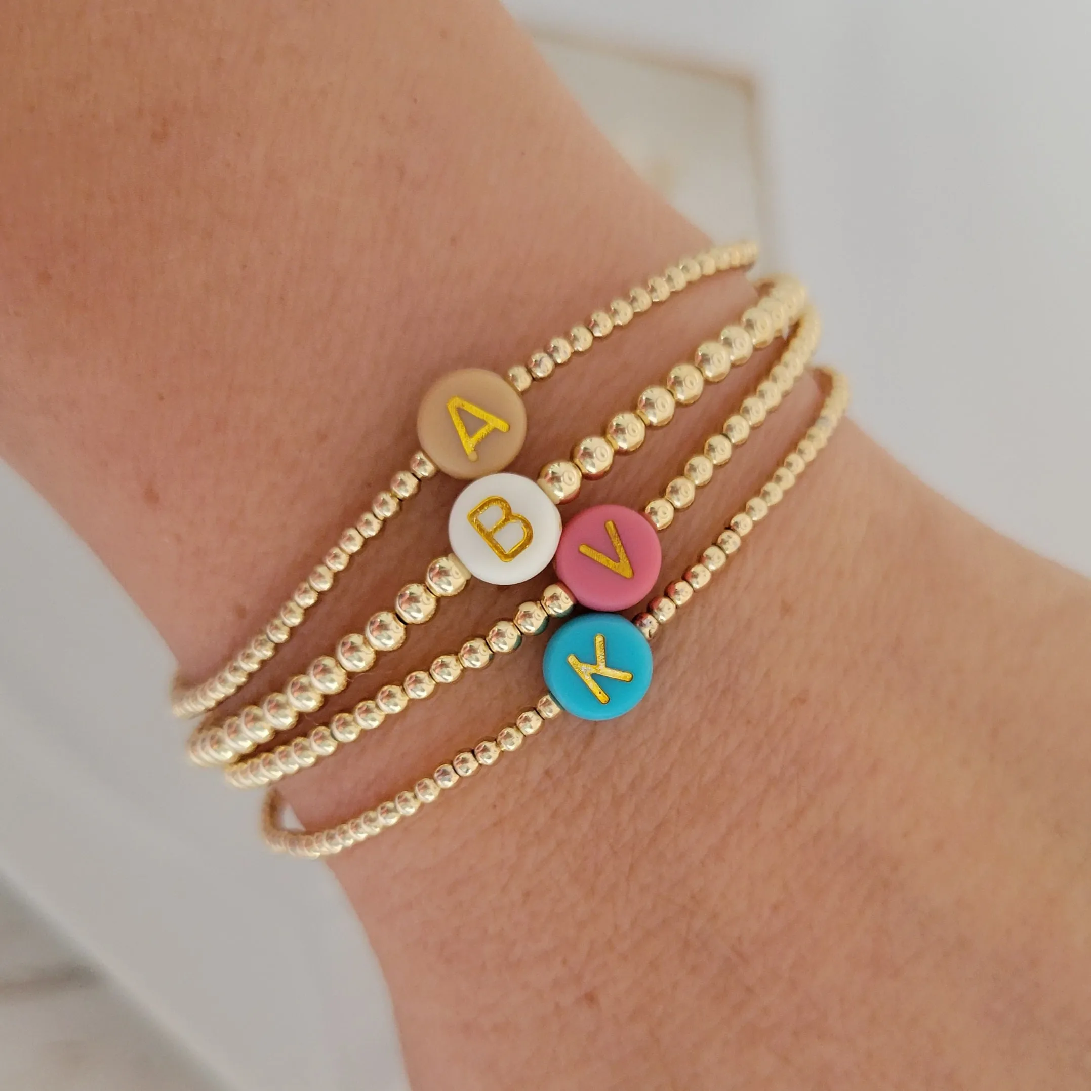 Gold Beaded Initial Layering Bracelet - 2.5mm or 3mm