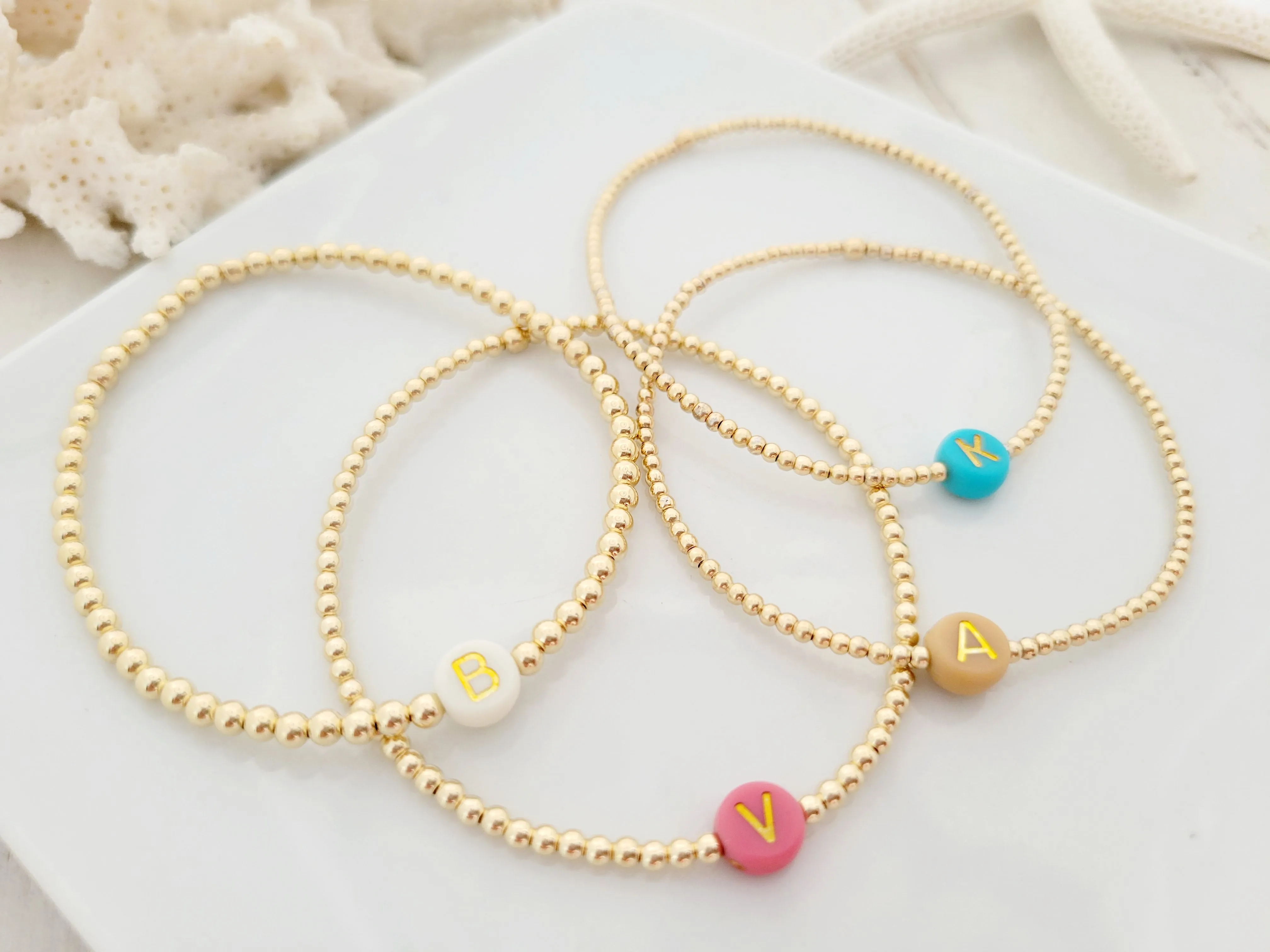 Gold Beaded Initial Layering Bracelet - 2.5mm or 3mm