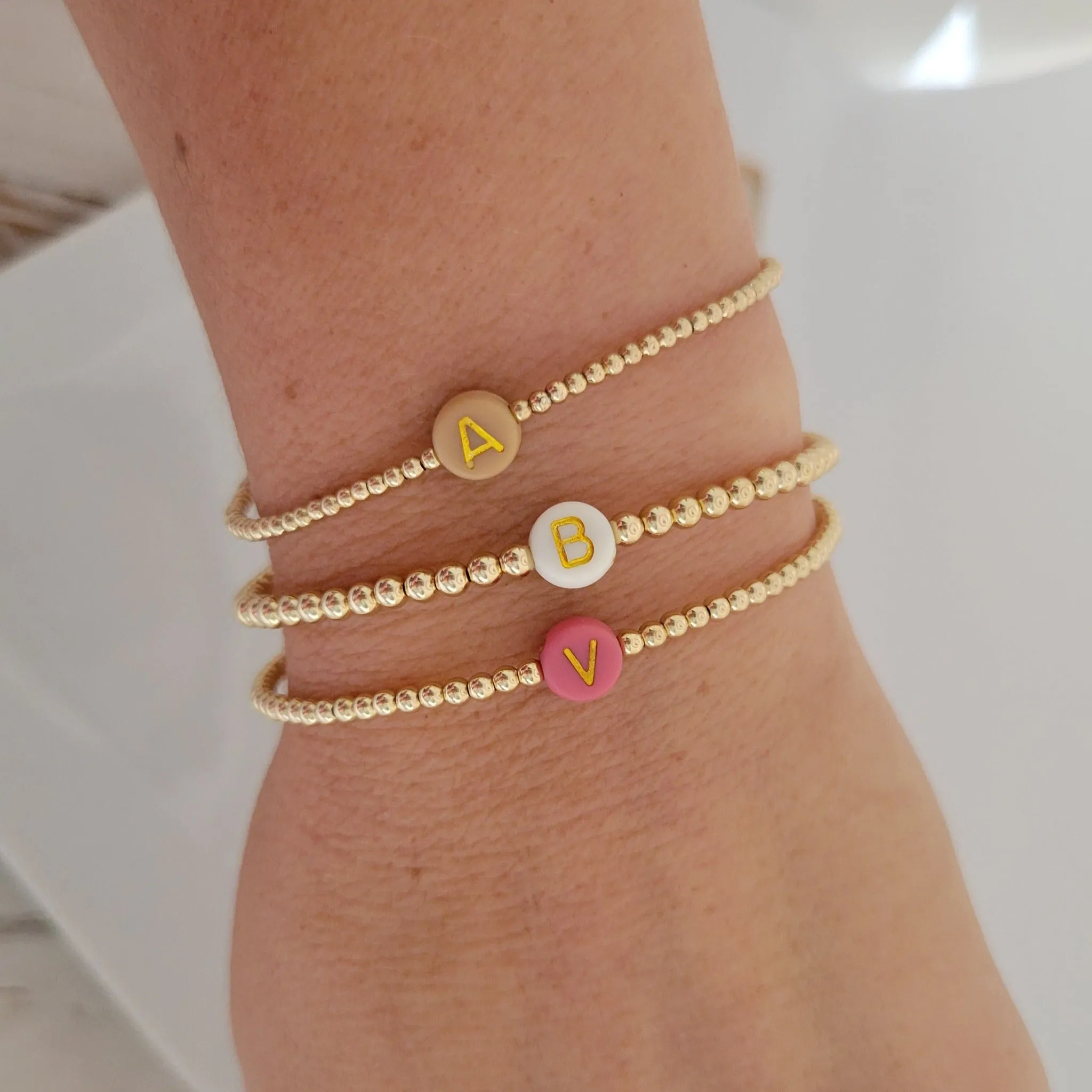 Gold Beaded Initial Layering Bracelet - 2.5mm or 3mm