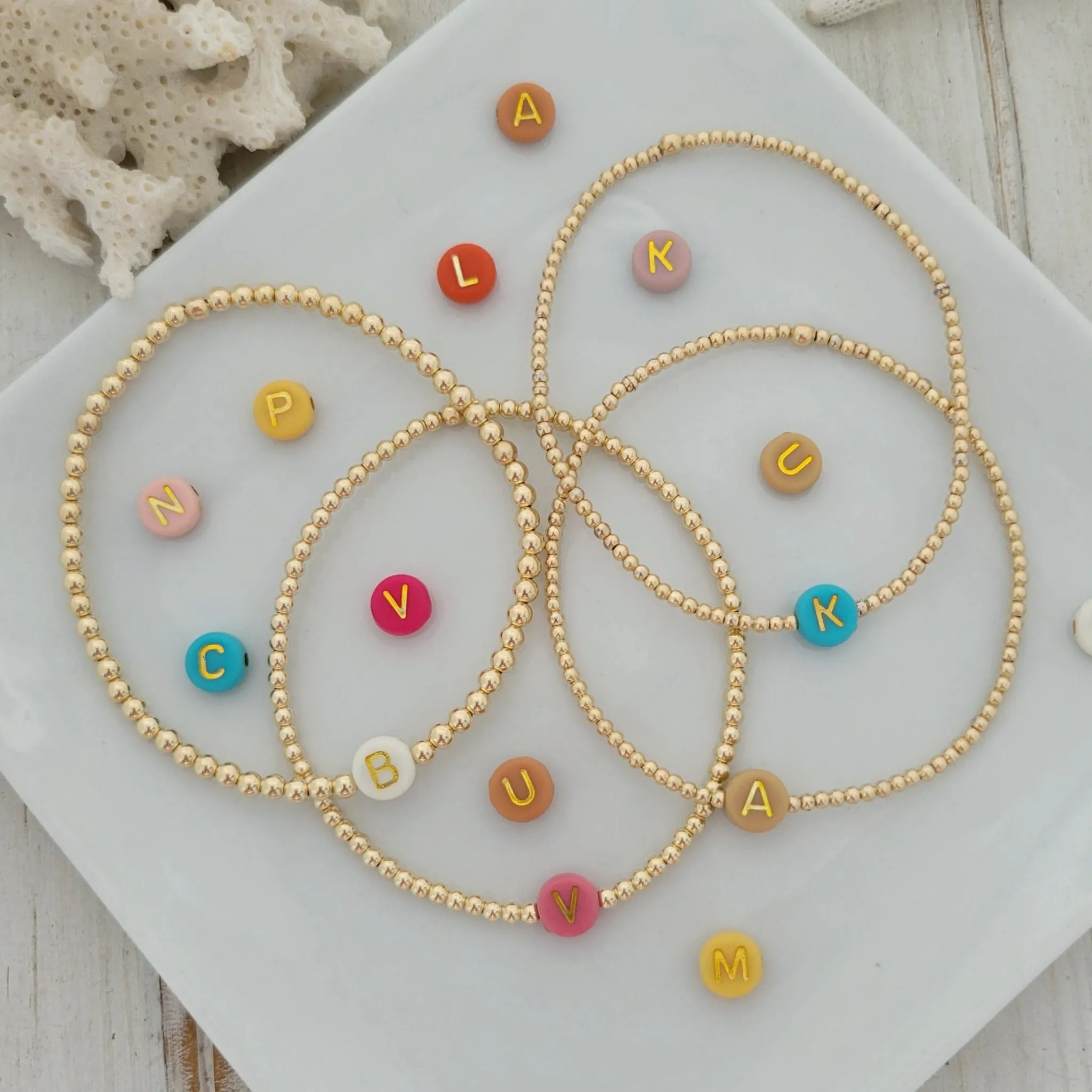 Gold Beaded Initial Layering Bracelet - 2.5mm or 3mm
