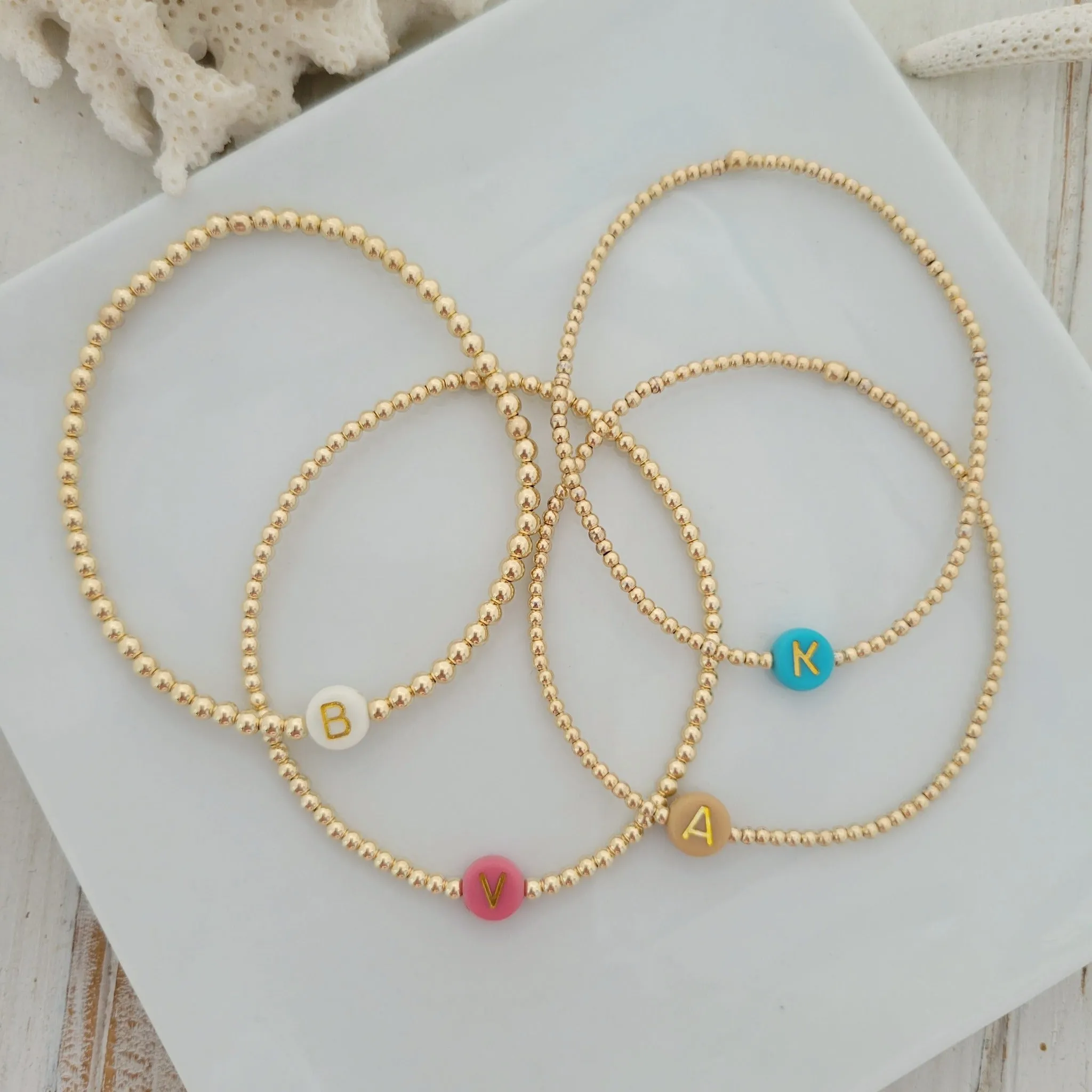 Gold Beaded Initial Layering Bracelet - 2.5mm or 3mm