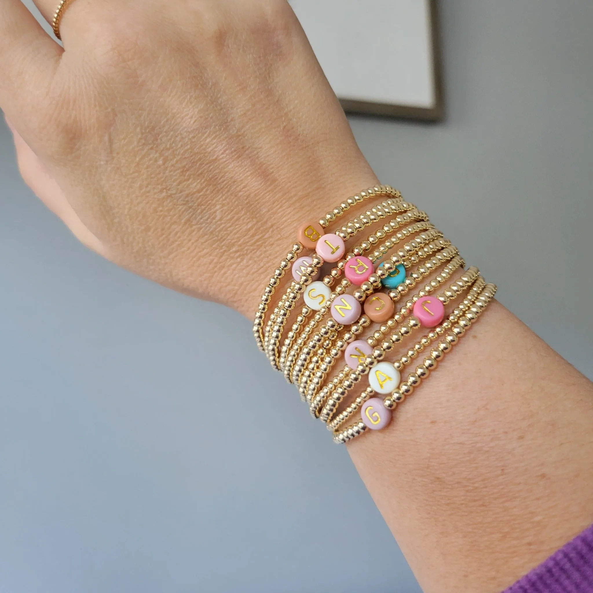 Gold Beaded Initial Layering Bracelet - 2.5mm or 3mm