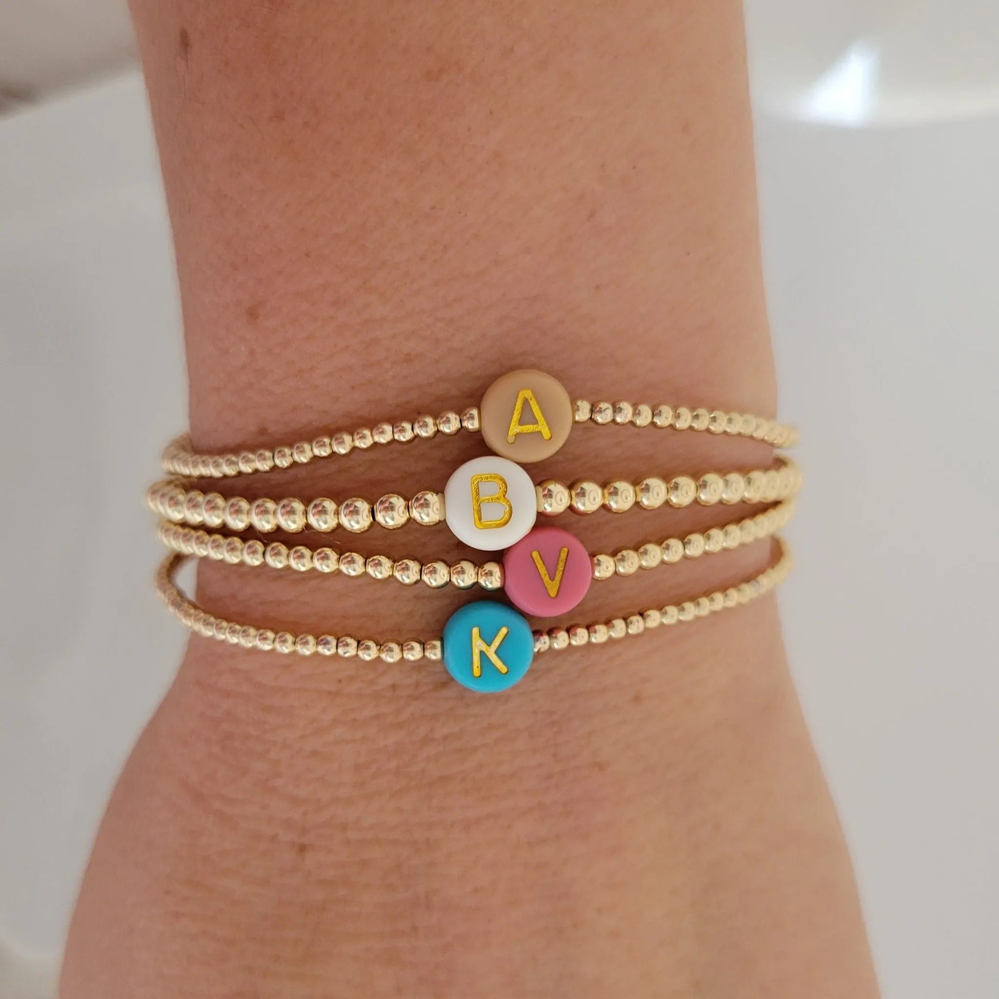 Gold Beaded Initial Layering Bracelet - 2.5mm or 3mm
