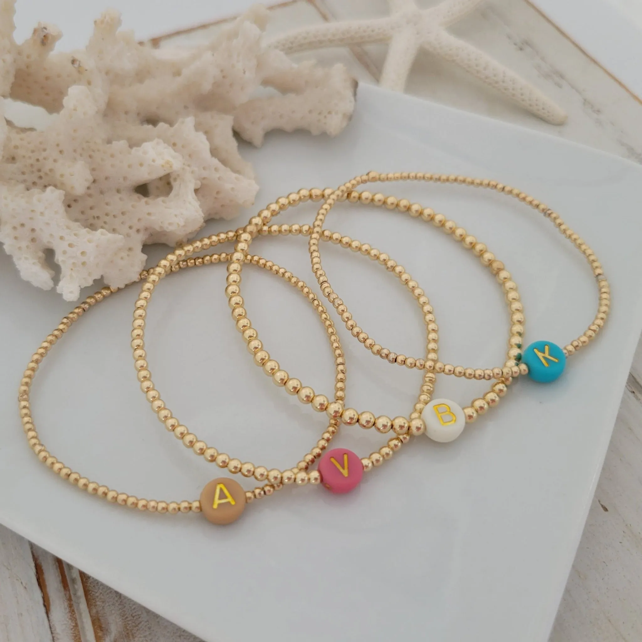 Gold Beaded Initial Layering Bracelet - 2.5mm or 3mm