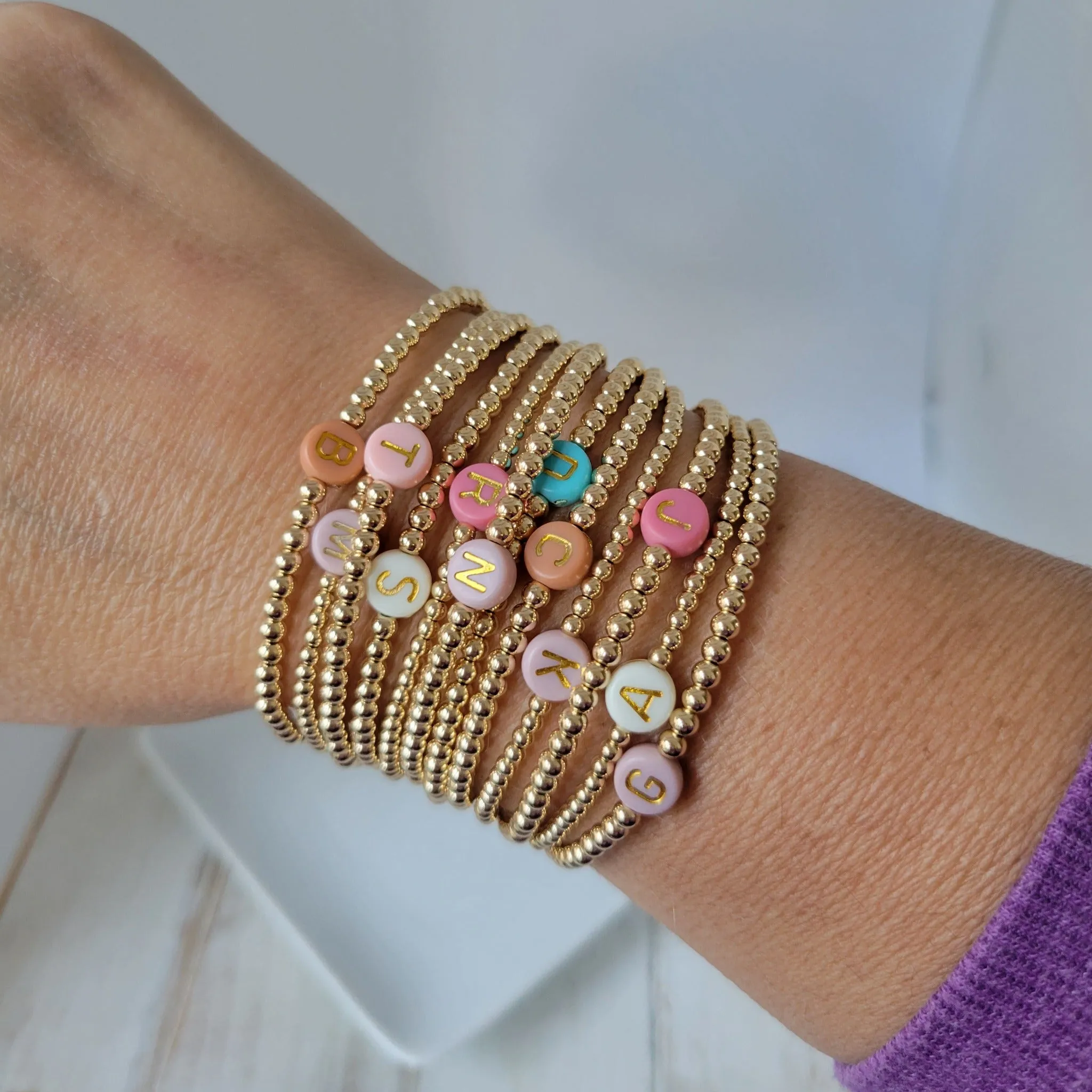 Gold Beaded Initial Layering Bracelet - 2.5mm or 3mm