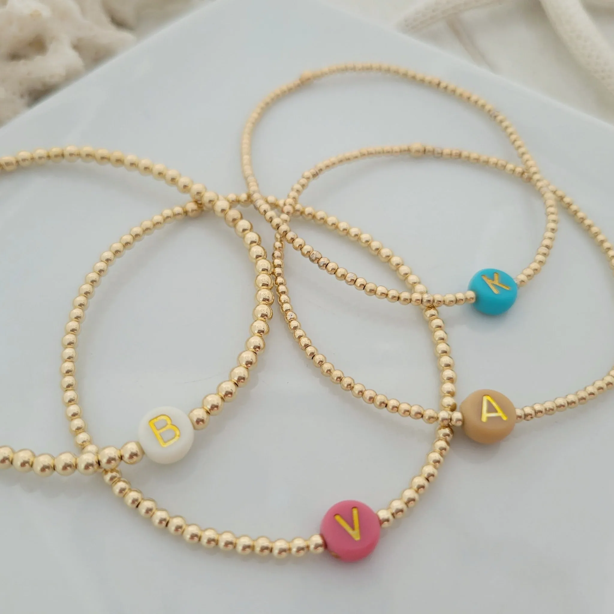Gold Beaded Initial Layering Bracelet - 2.5mm or 3mm