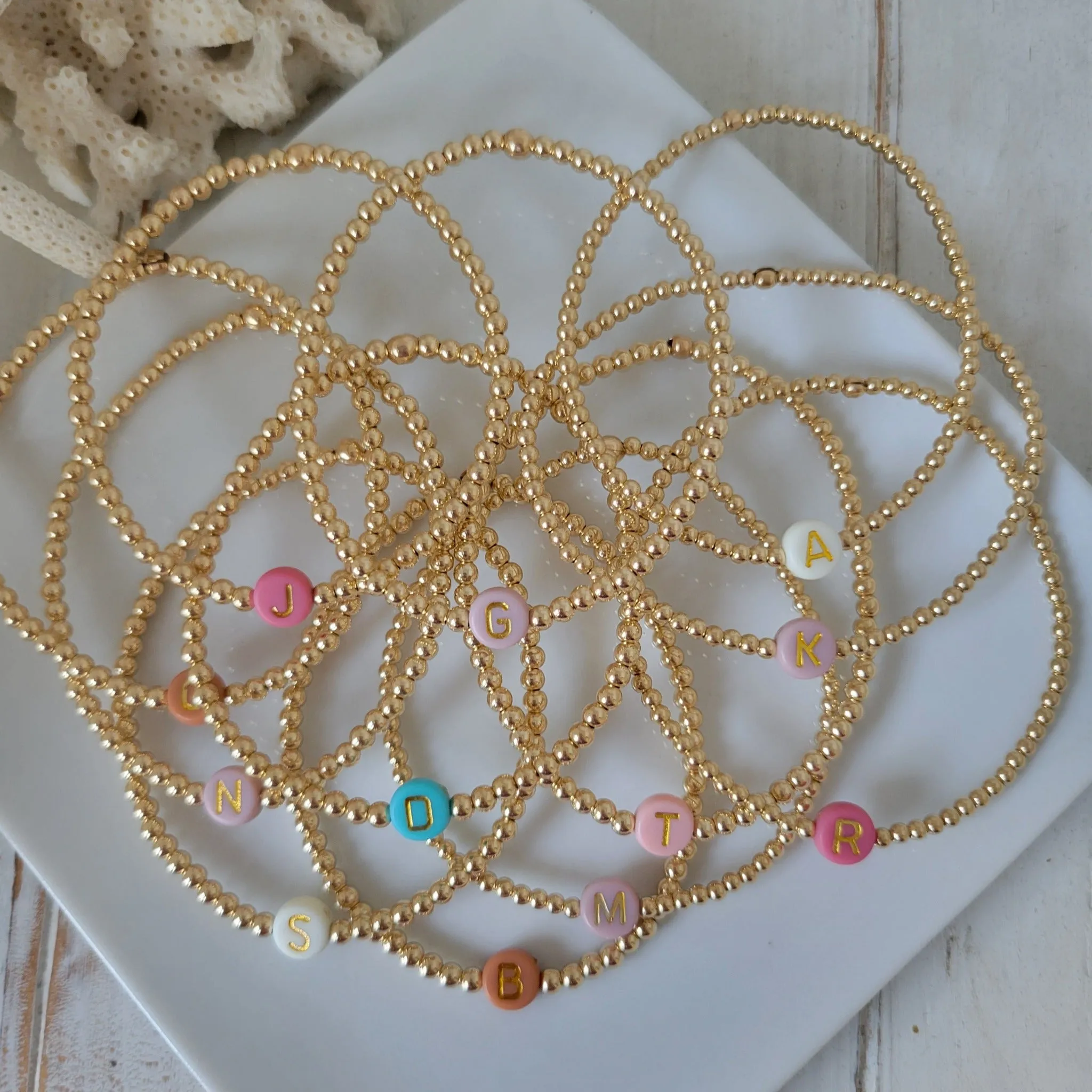 Gold Beaded Initial Layering Bracelet - 2.5mm or 3mm