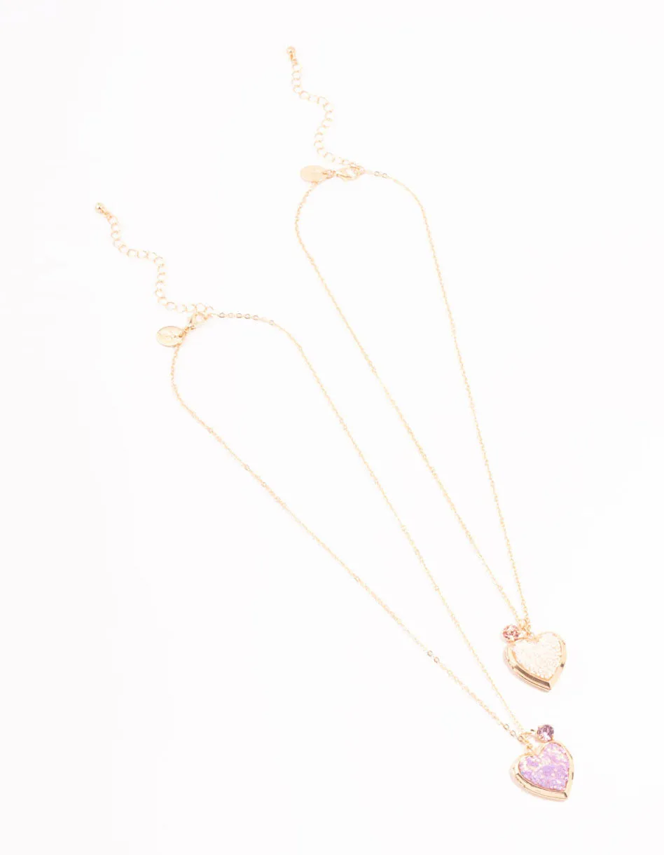 Gold Pink Sprinkle Heart Locket Necklaces 2-Pack