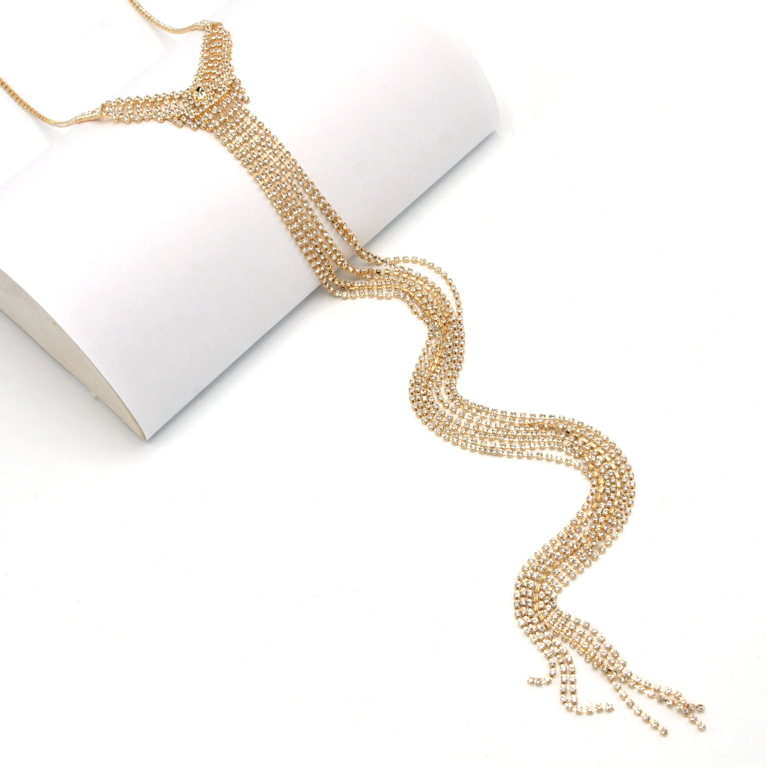 GOLD RHINESTONE MULTI LAYERED 48" INCH LONG TASSEL NECKLACE # SQXX9122603G (JF2)