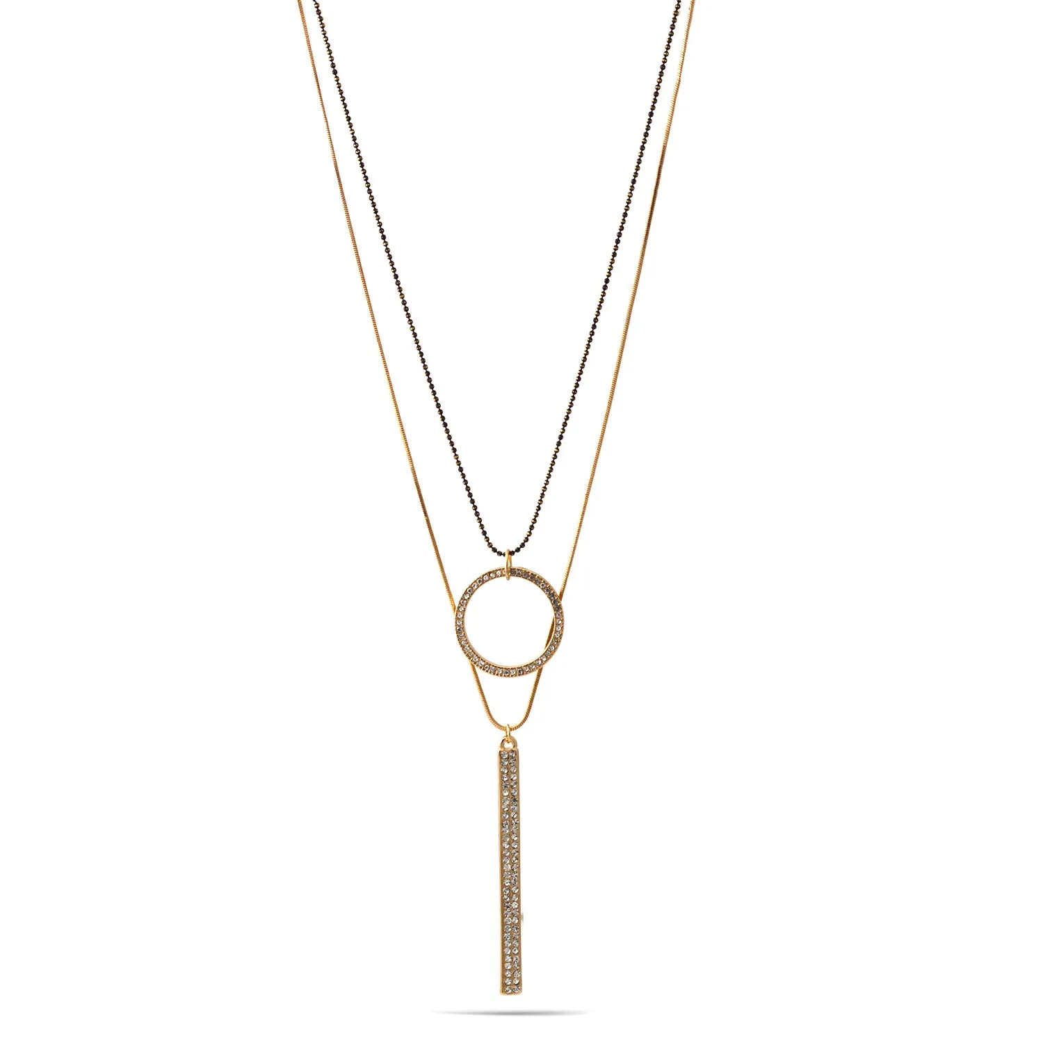 GOLD ROUND AND PAVE BAR CRYSTAL PENDANT LAYER NECKLACE #SQ321-1026-3832
