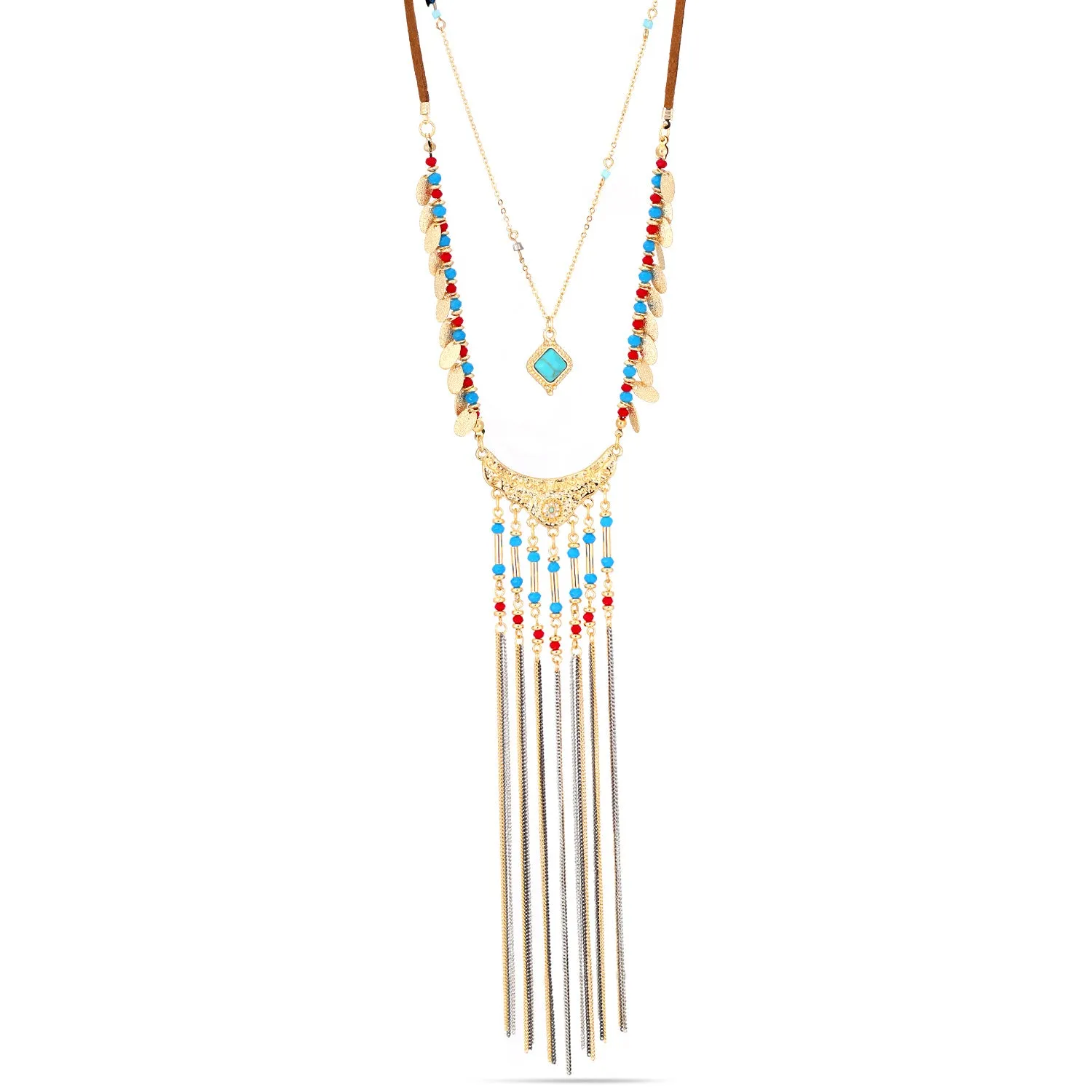 GOLD TURQUOISE LAYERED TASSEL NECKLACES #SQ4420 (ID3)