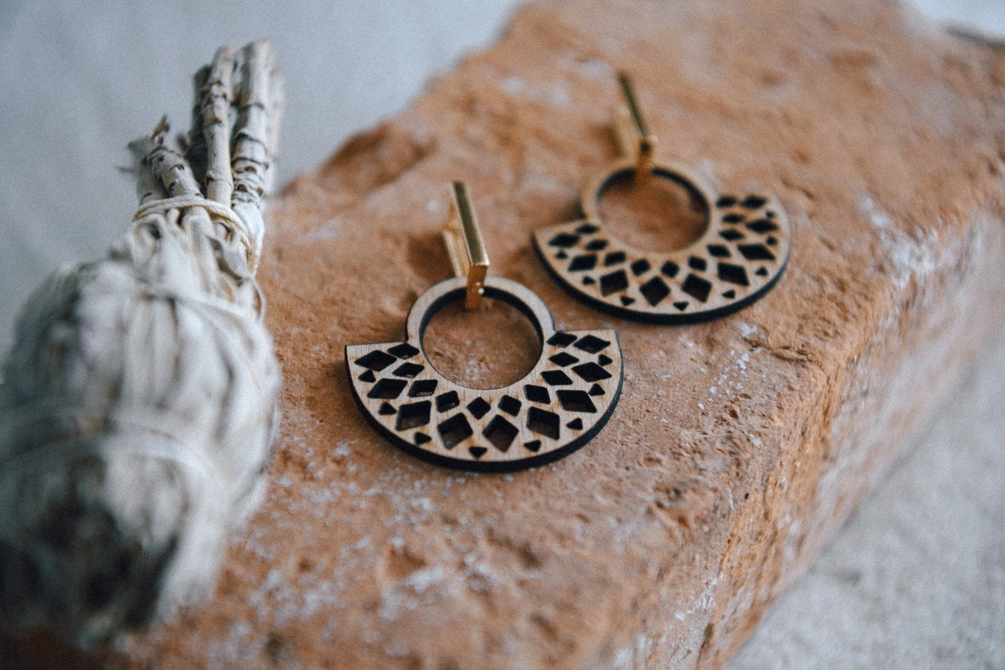 Golden Glow Boho Engraved Wood Hoop Earrings