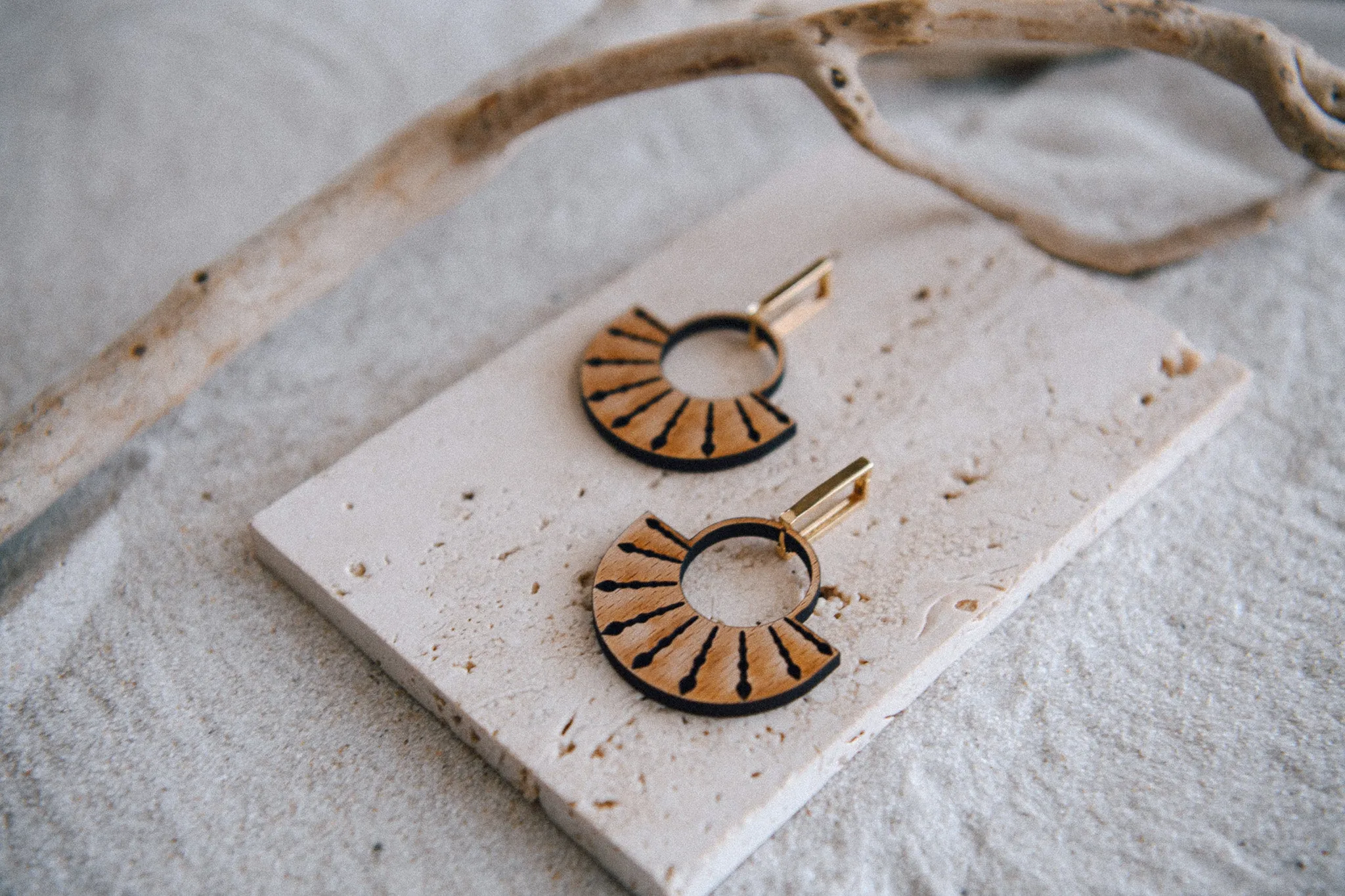 Golden Glow Boho Engraved Wood Hoop Earrings