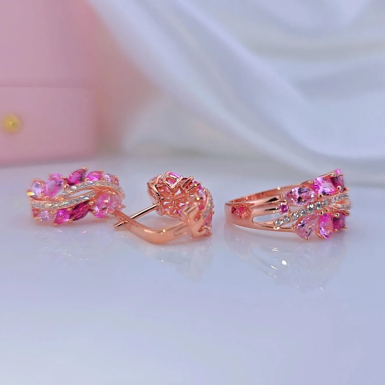 Gorgeous Pink Sapphire & Clear Diamond Jewelry Set