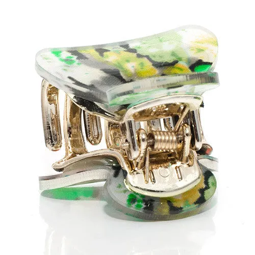 Green Floral Print Mini Acrylic Plastic Claw - Pair