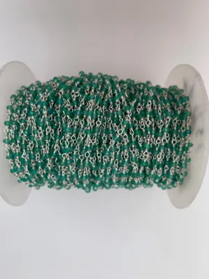 Green Onyx Silver Plated Rosary Chain, Faceted Beaded Chain, Natural Gemstone Chain Size: 3mm, 1 foot.