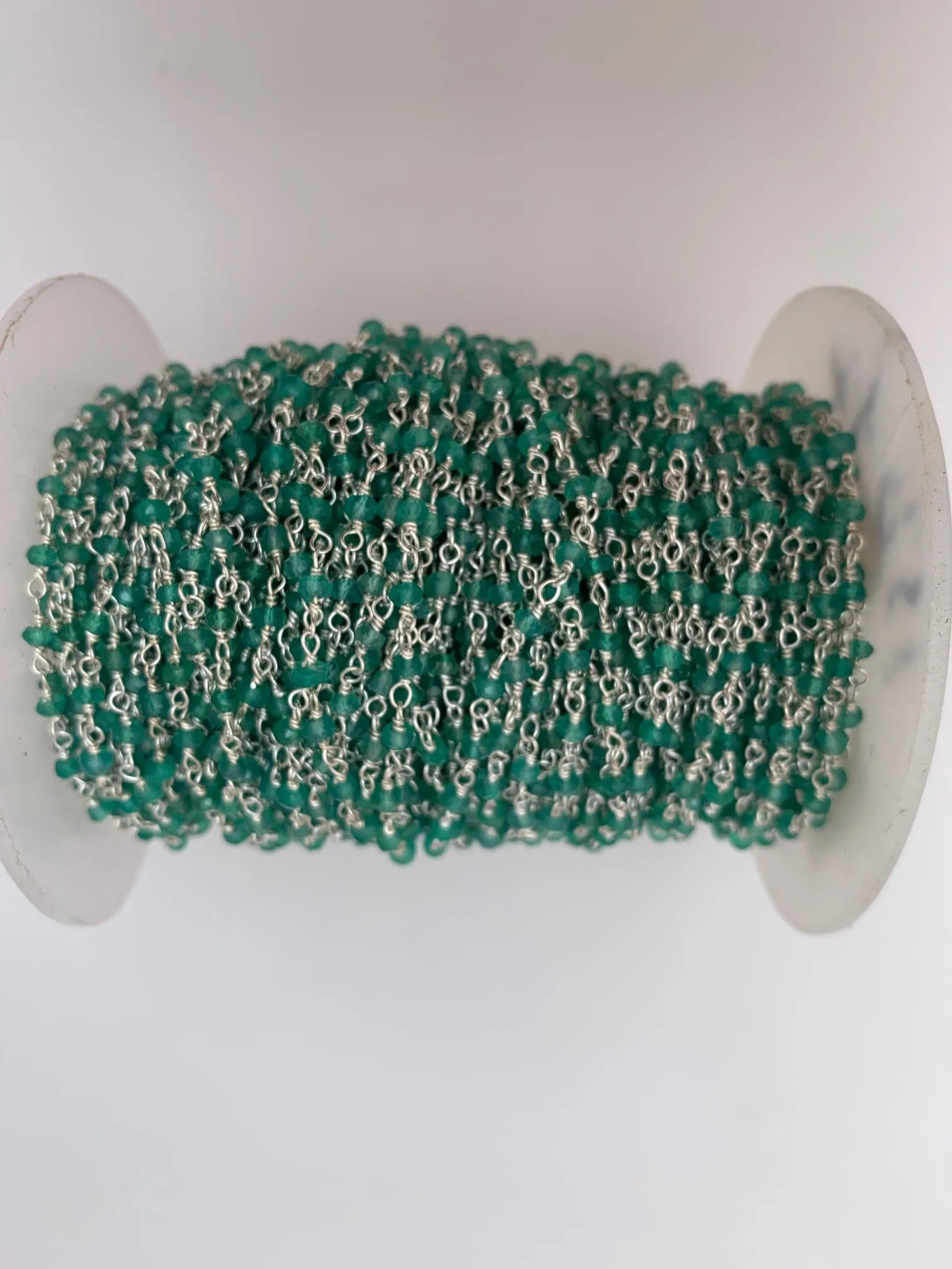 Green Onyx Silver Plated Rosary Chain, Faceted Beaded Chain, Natural Gemstone Chain Size: 3mm, 1 foot.