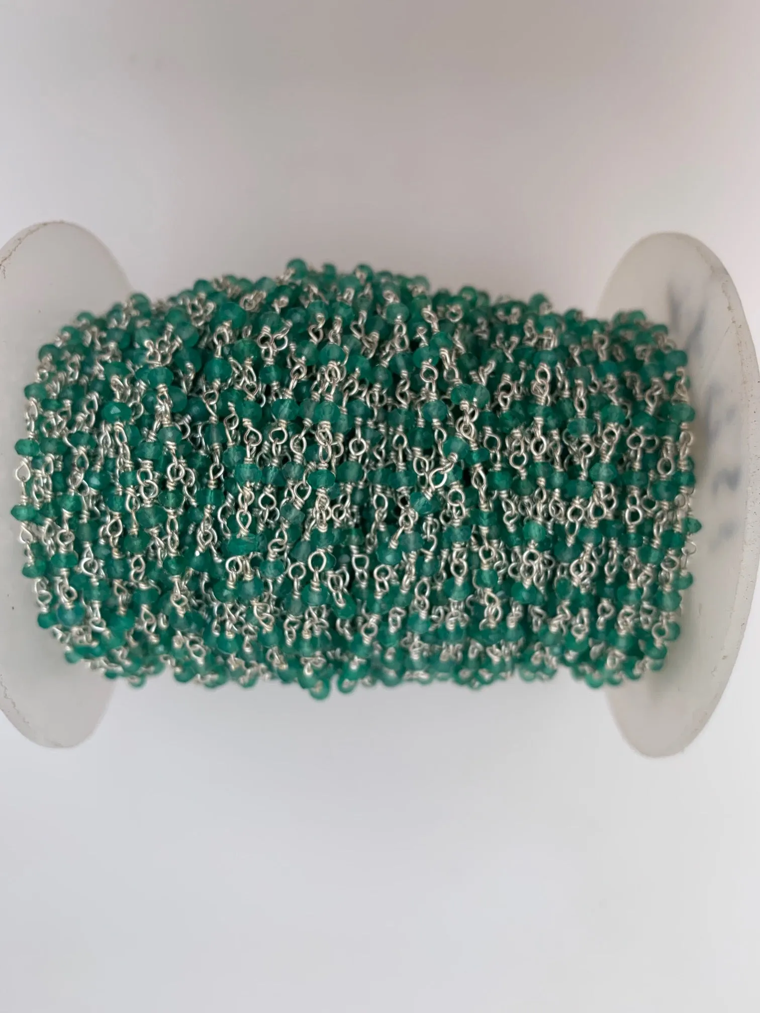 Green Onyx Silver Plated Rosary Chain, Faceted Beaded Chain, Natural Gemstone Chain Size: 3mm, 1 foot.