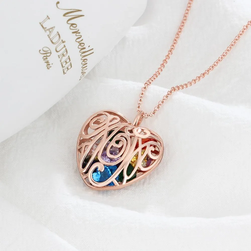 Heart Hollow Pattern With Birthstone Personalized Gifts For Love Rose Gold Color Pendant Necklace Jewelry